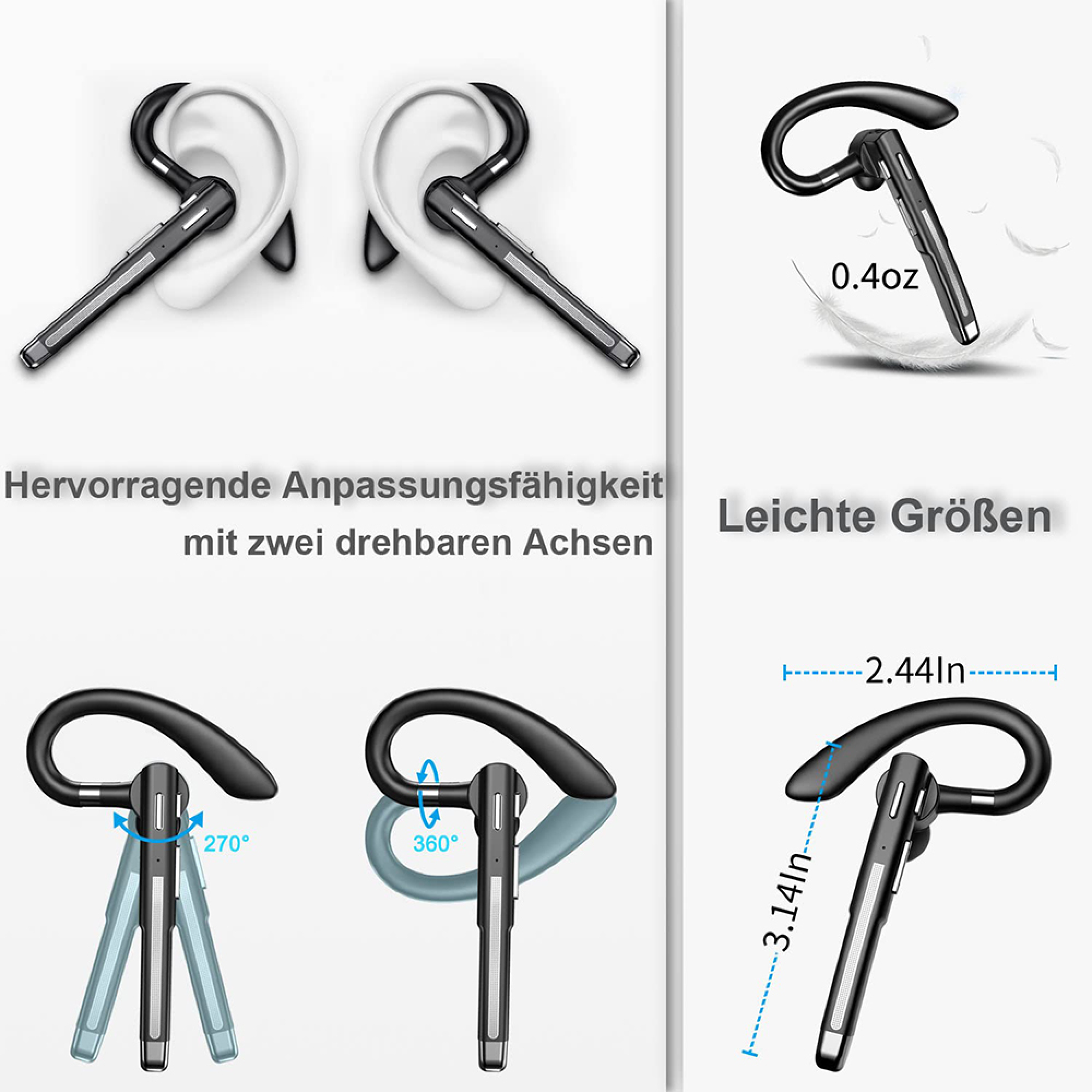Ein schwarzer Bluetooth-Ohrhörer mit Maßen und Rotationspfeilen.