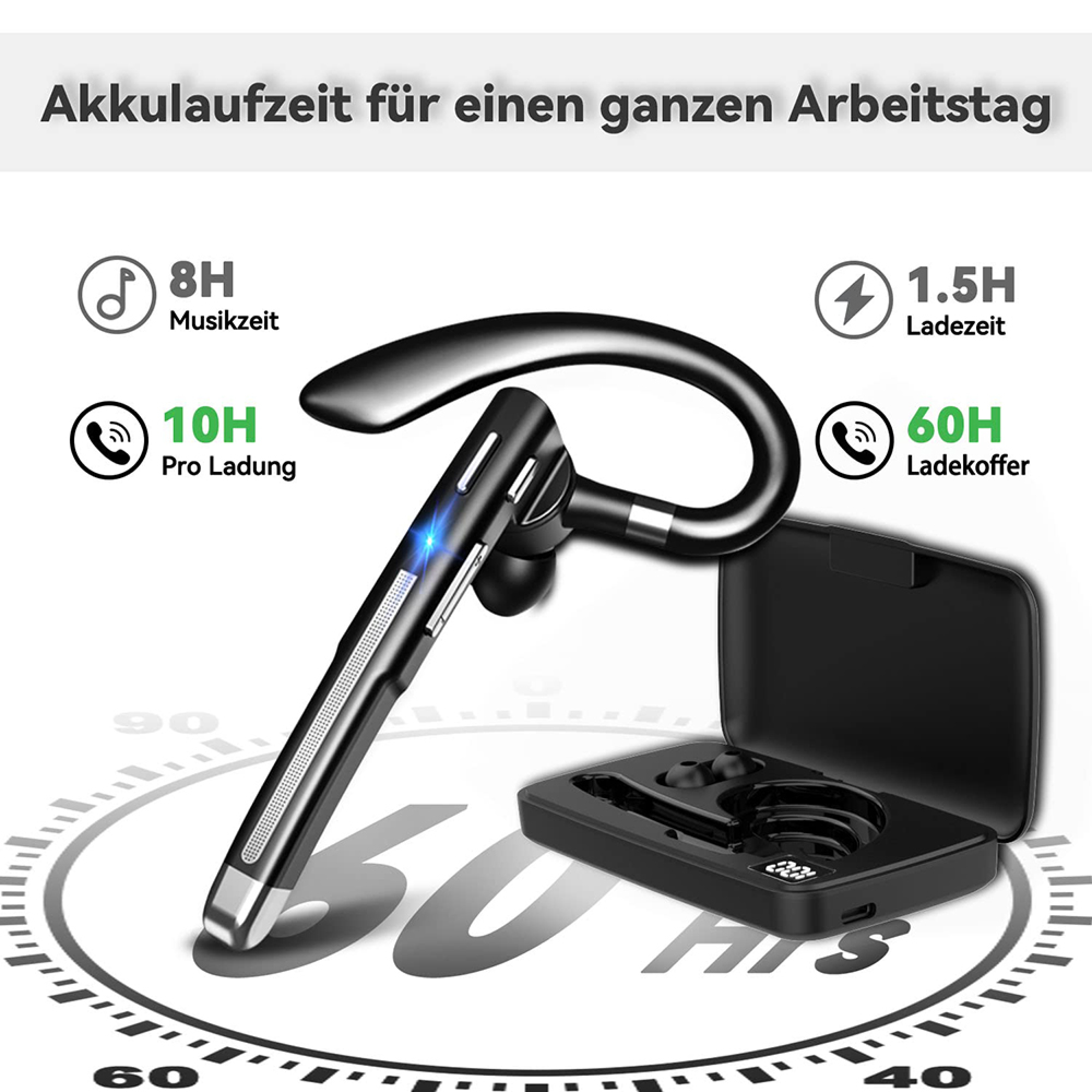 Ein schwarzes Headset und Ladecase mit Akkulaufzeitangaben: 8H Musik, 10H pro Ladung, 1.5H Ladezeit, 60H Ladekoffer.