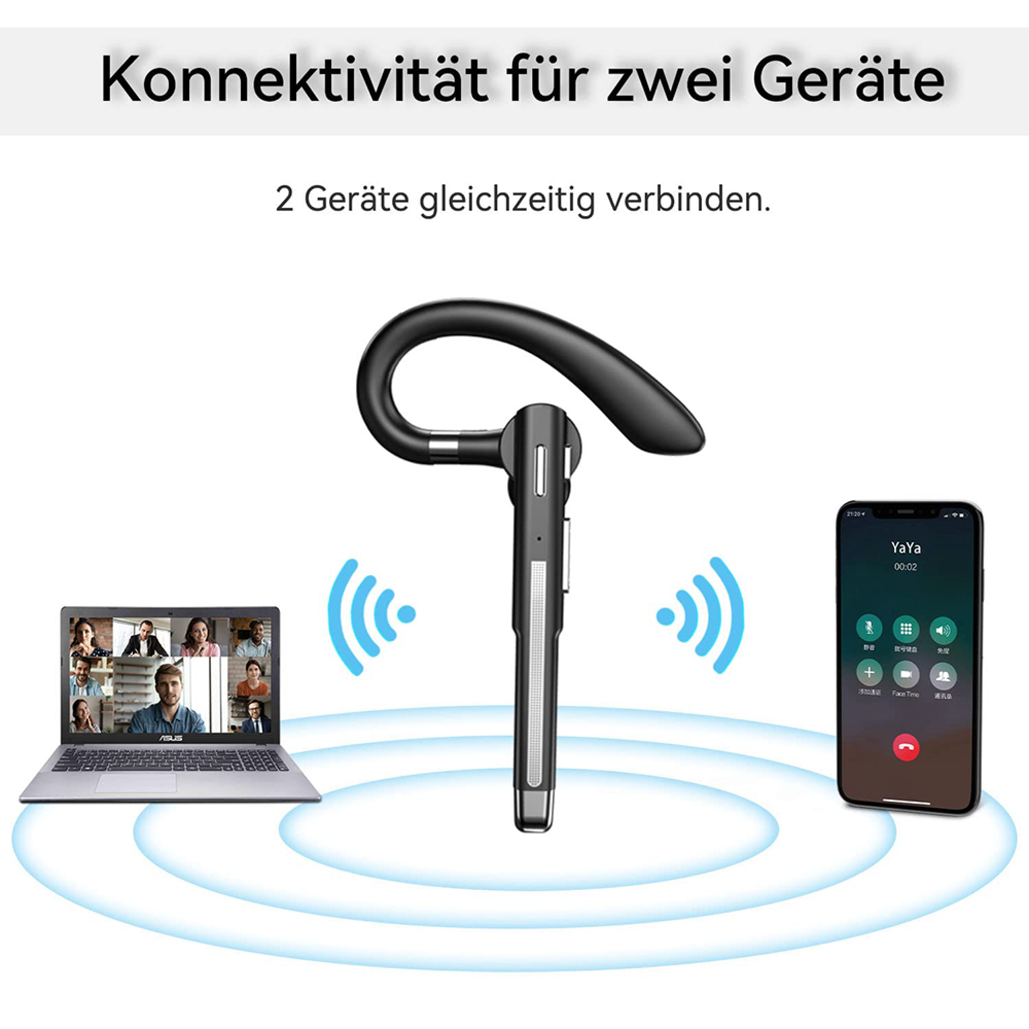 Ein schwarzer Bluetooth-Kopfhörer verbindet sich mit Laptop und Smartphone.