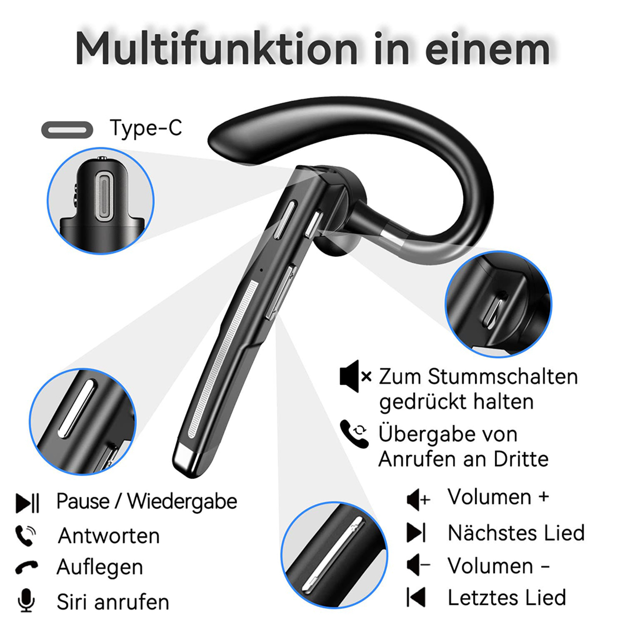 Ein schwarzer Bluetooth-Kopfhörer mit Ladeanschluss und Bedienelementen.