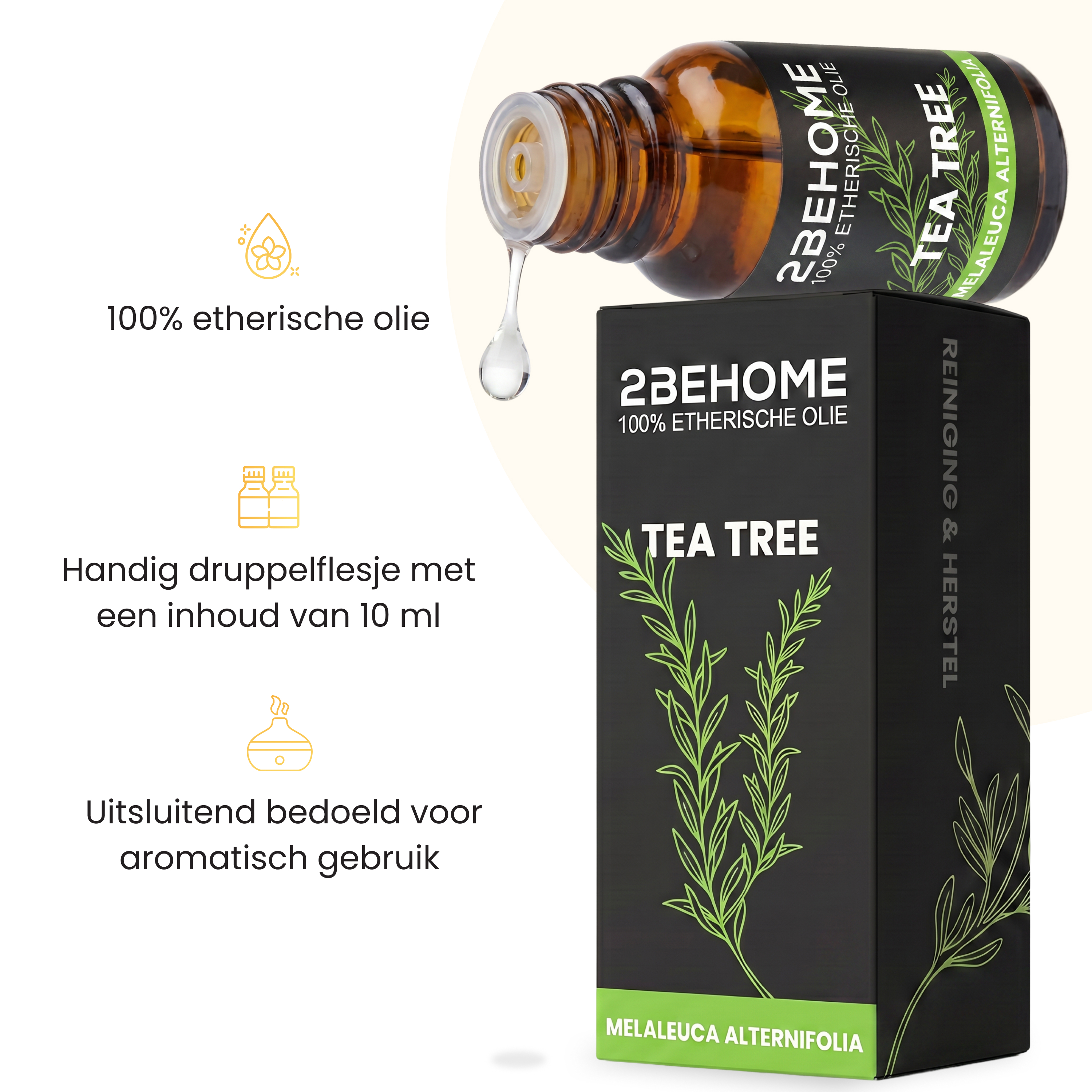 Braune Flasche mit Teebaumöl und schwarzer Verpackung mit grünen Blättern.