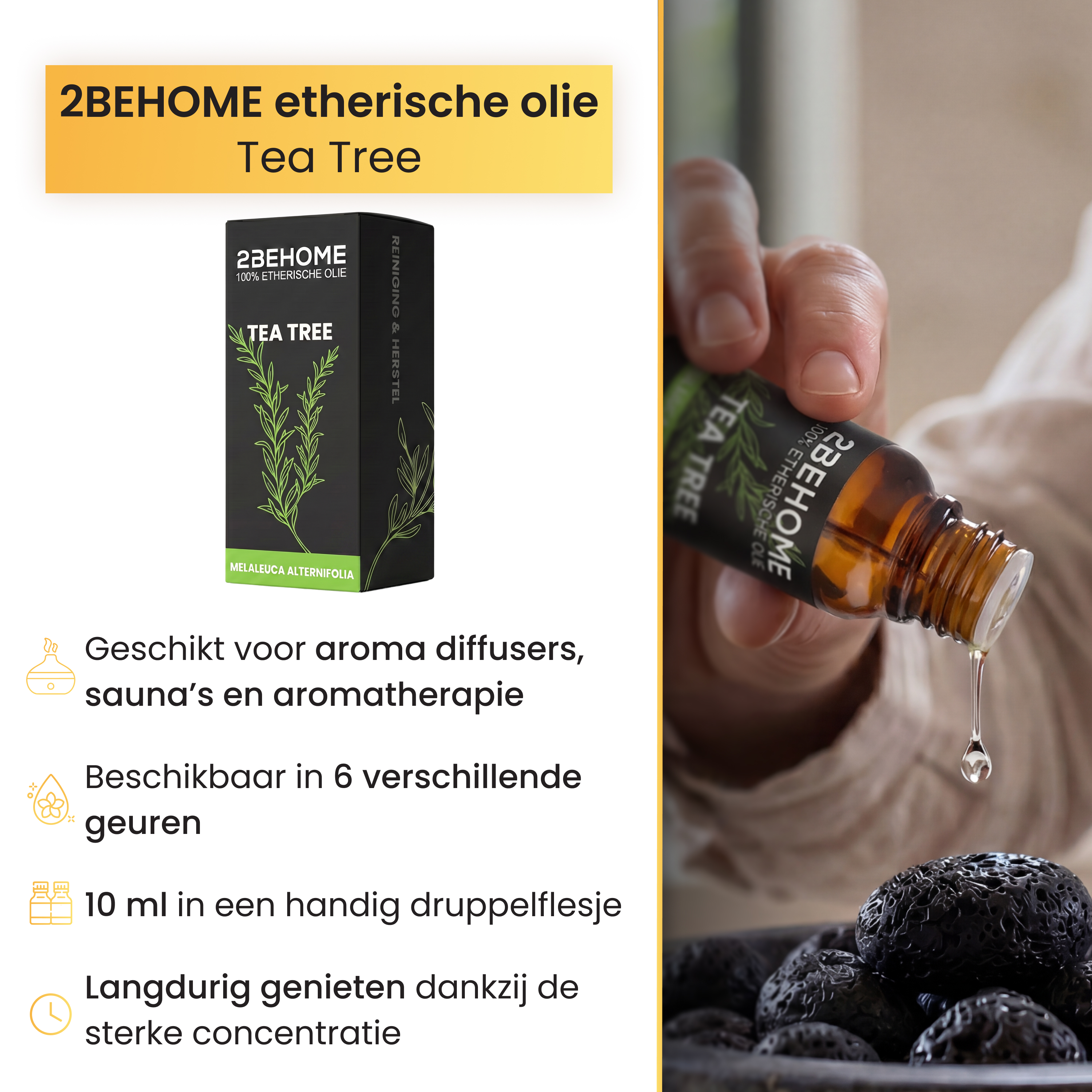 Tropfen ätherisches Teebaumöl aus einer Flasche, auf weißem Hintergrund mit Produktinformationen.