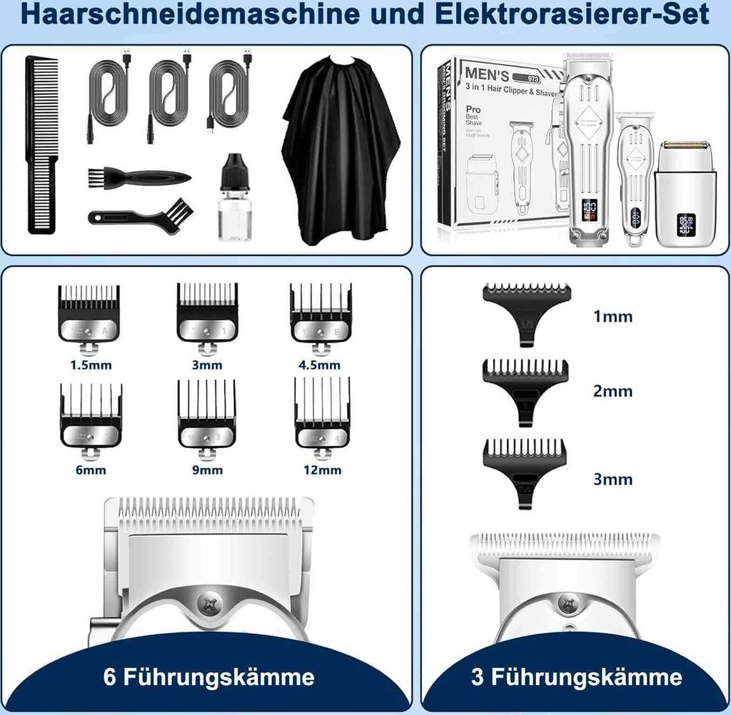 Haarschneidemaschine-Set mit Zubehör, Klingen und Umhang.