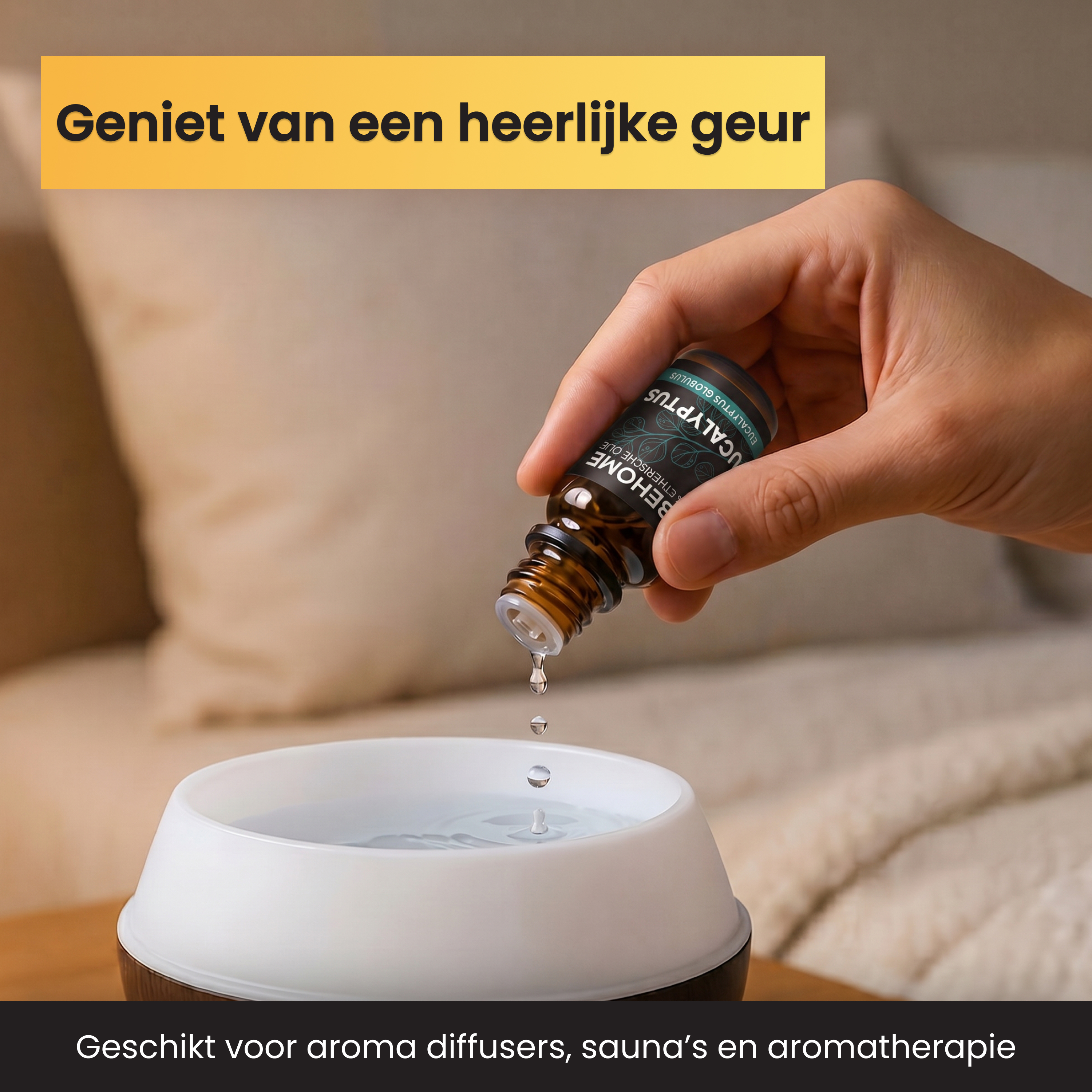 Eine Hand gibt ätherisches Eukalyptusöl in einen Diffusor.
