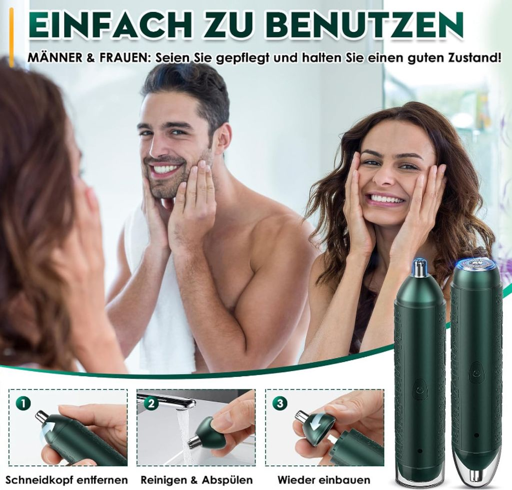 Männer und Frauen pflegen sich mit einem Barttrimmer. Einfache Anwendungsschritte.