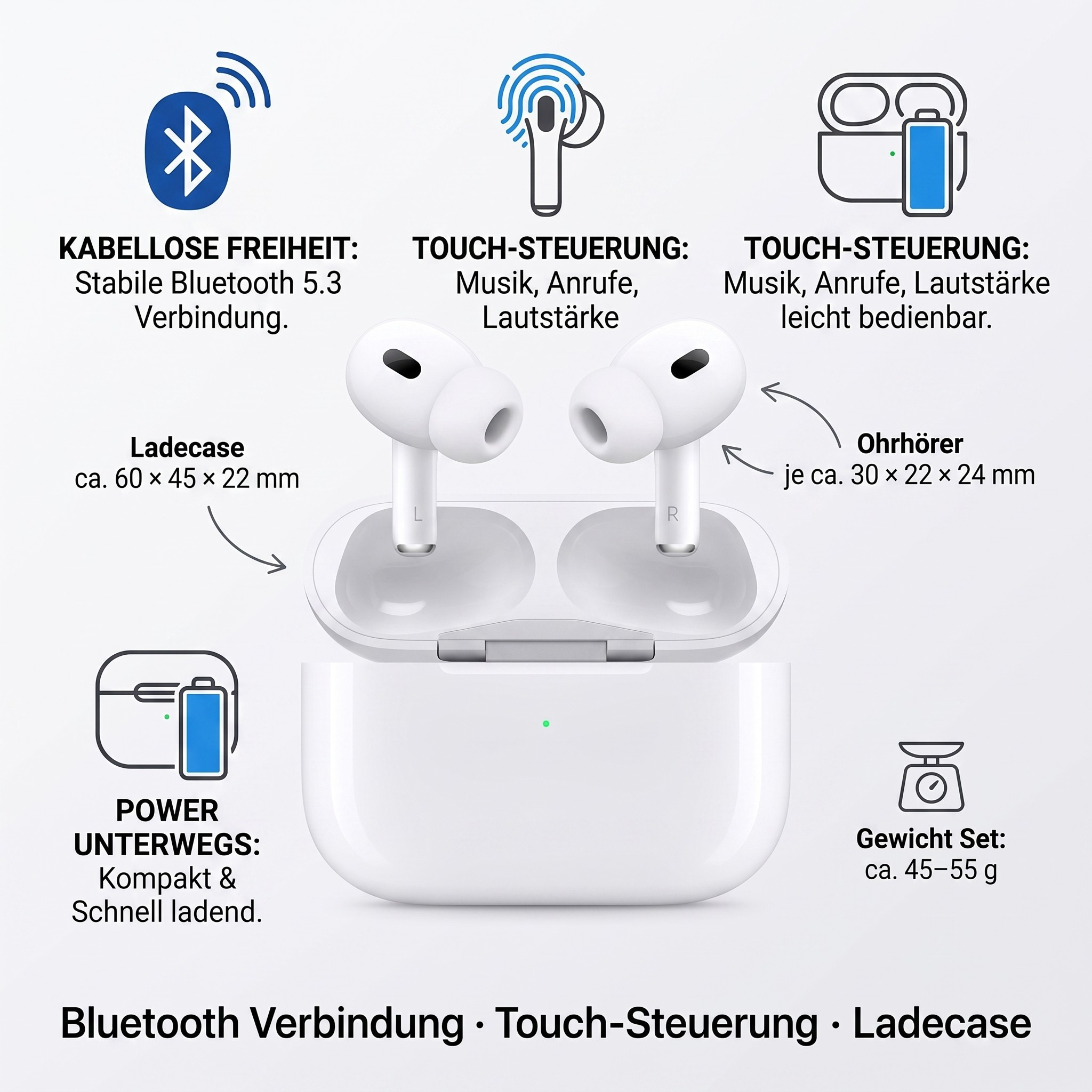 Weiße kabellose Kopfhörer mit Ladecase, Bluetooth 5.3, Touch-Steuerung.