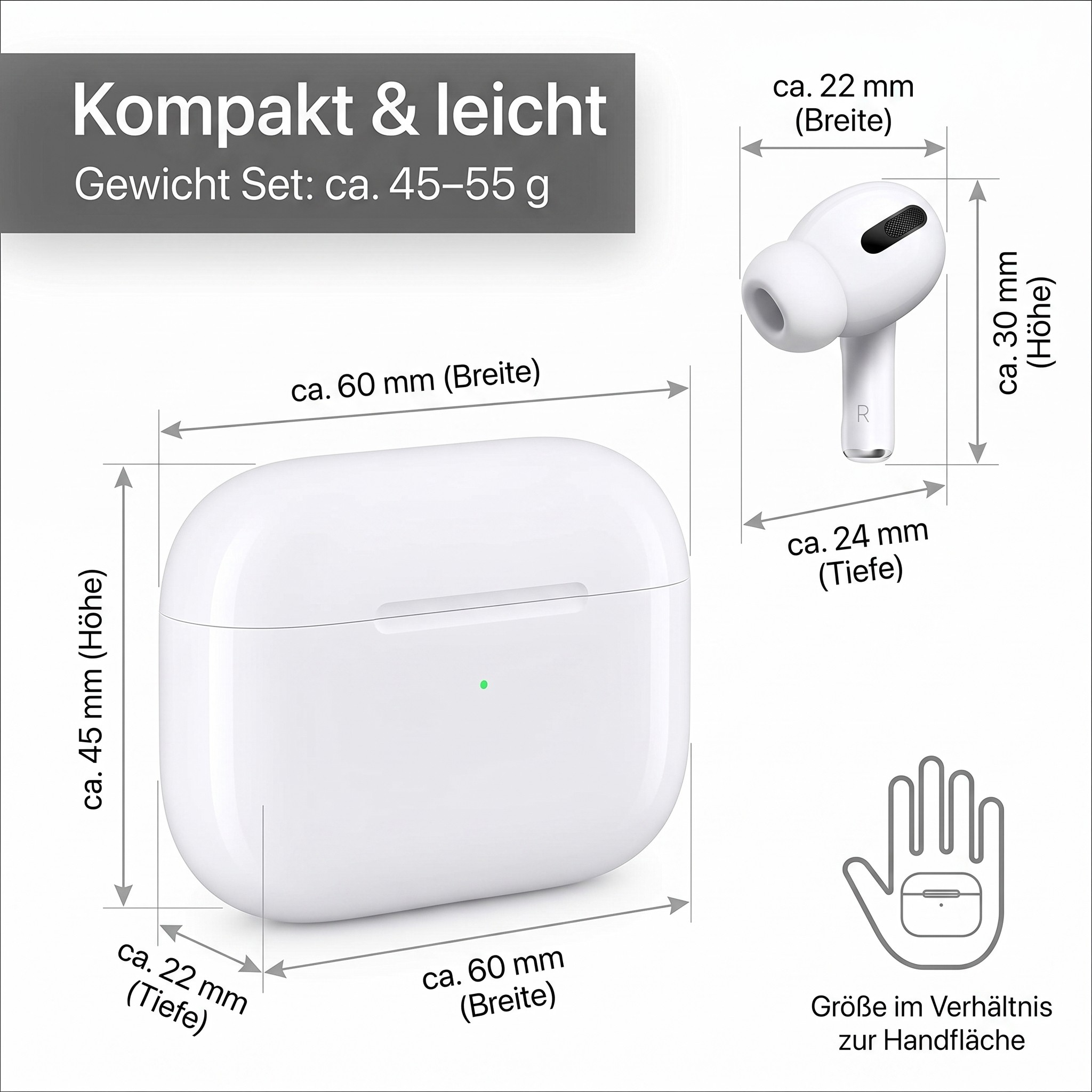 Weiße Kopfhörer und Ladehülle mit Maßangaben und Größenvergleich.