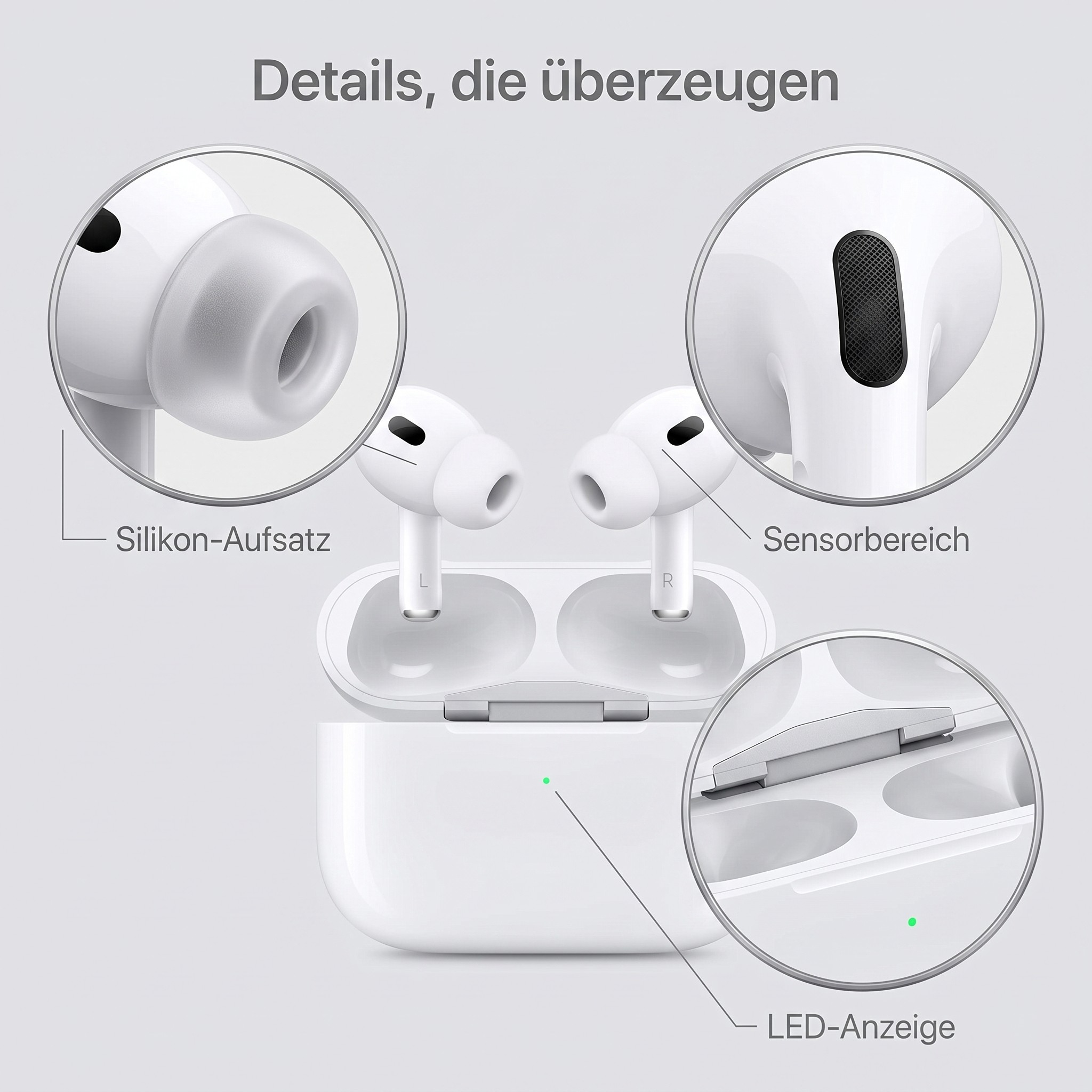 Weiße Ohrhörer mit Ladecase, Nahaufnahme zeigt Details und LED-Anzeige.
