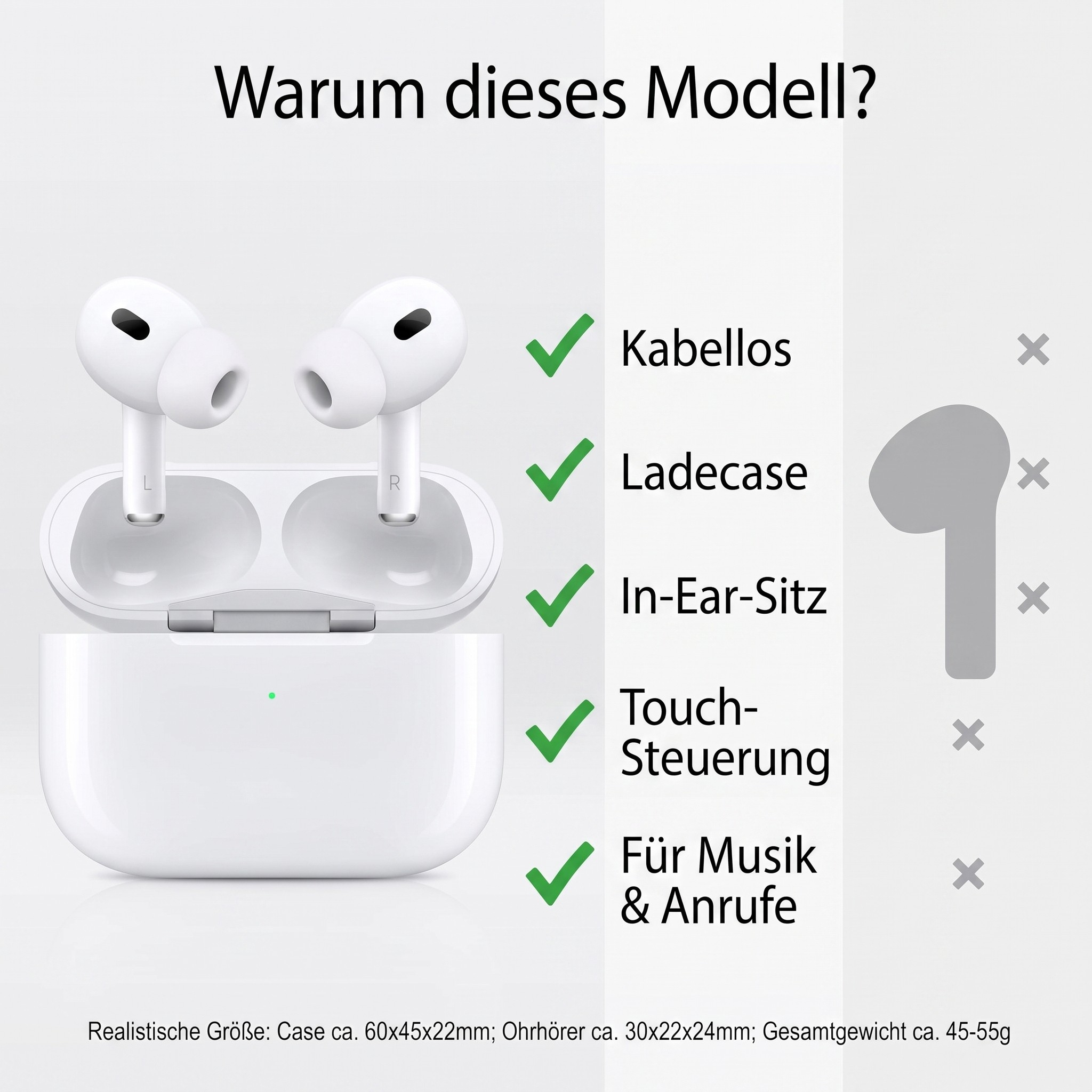 Weiße kabellose Ohrhörer mit Ladecase und Text, der Funktionen auflistet.