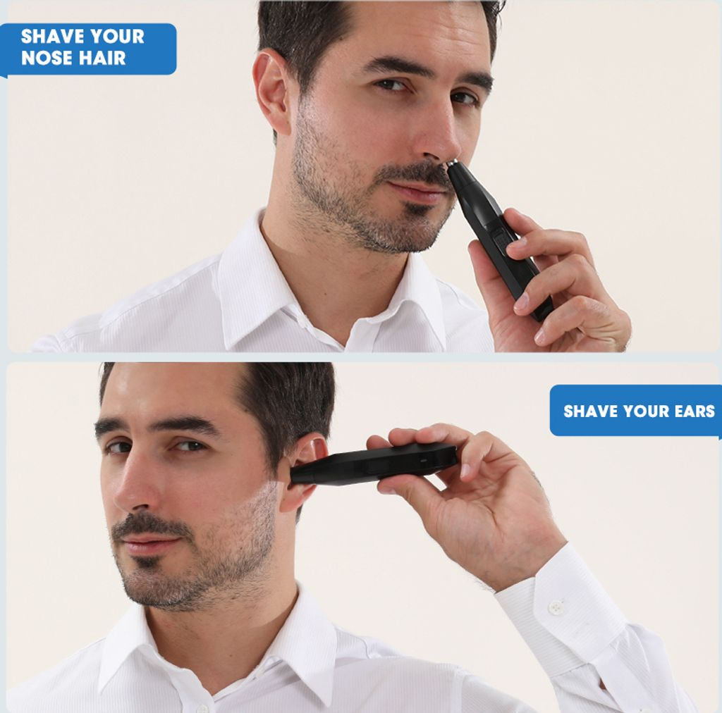 Mann rasiert seine Nase und Ohren mit einem schwarzen Trimmer.