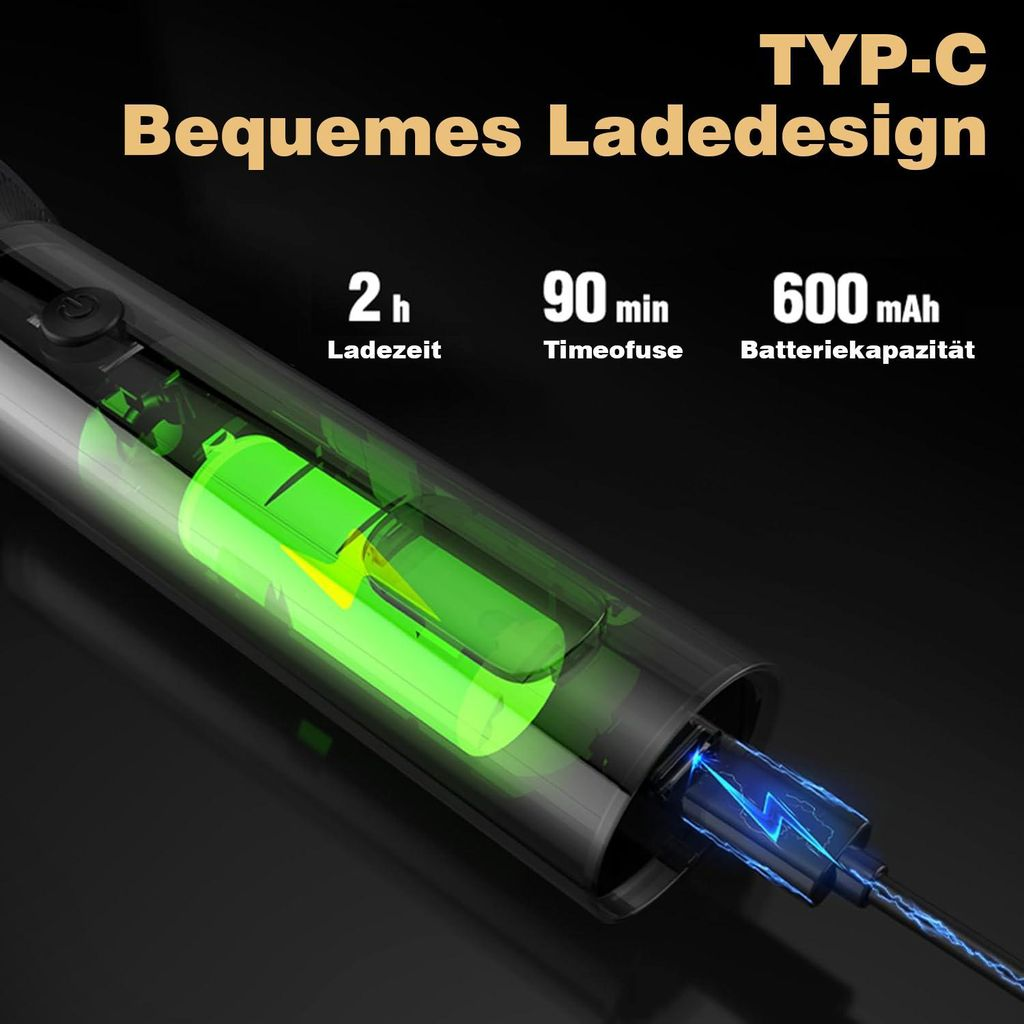 TYP-C Ladedesign mit Anzeige von Ladezeit, Laufzeit und Akkukapazität.