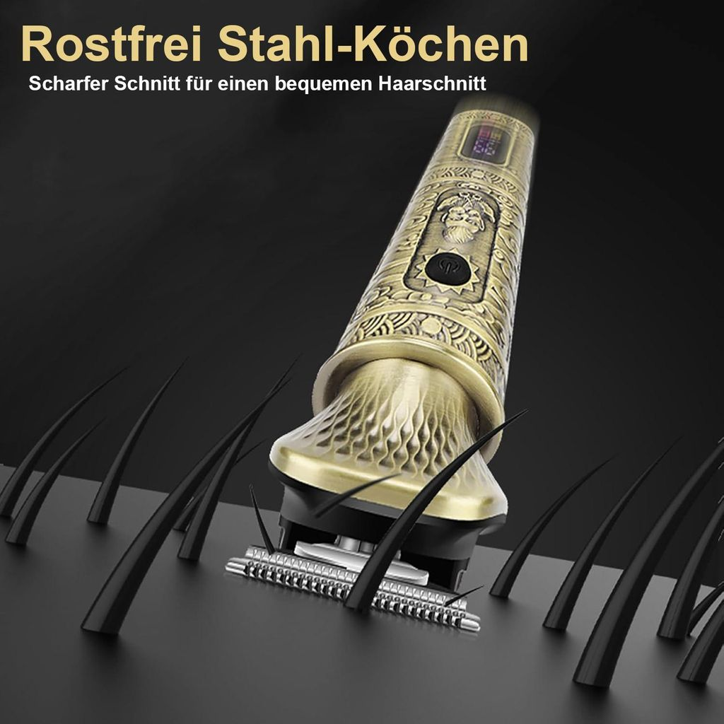 Goldener Haarschneider mit detaillierter Gravur und digitaler Anzeige, schneidet schwarze Haare.