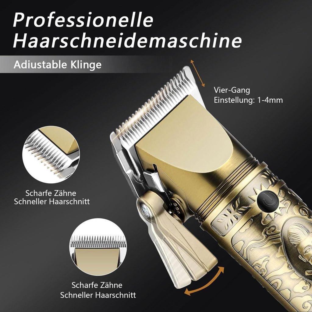 Goldene Haarschneidemaschine mit scharfen Zähnen und einstellbarer Klinge.