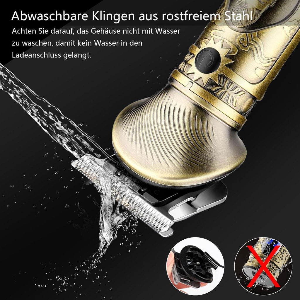 Ein goldener Trimmer mit abwaschbaren Klingen unter fließendem Wasser.