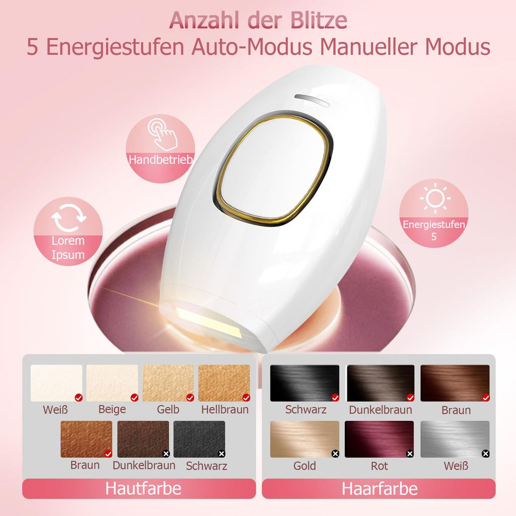 Ein IPL-Haarentfernungsgerät mit 5 Stufen, Haut- und Haarfarbenoptionen.