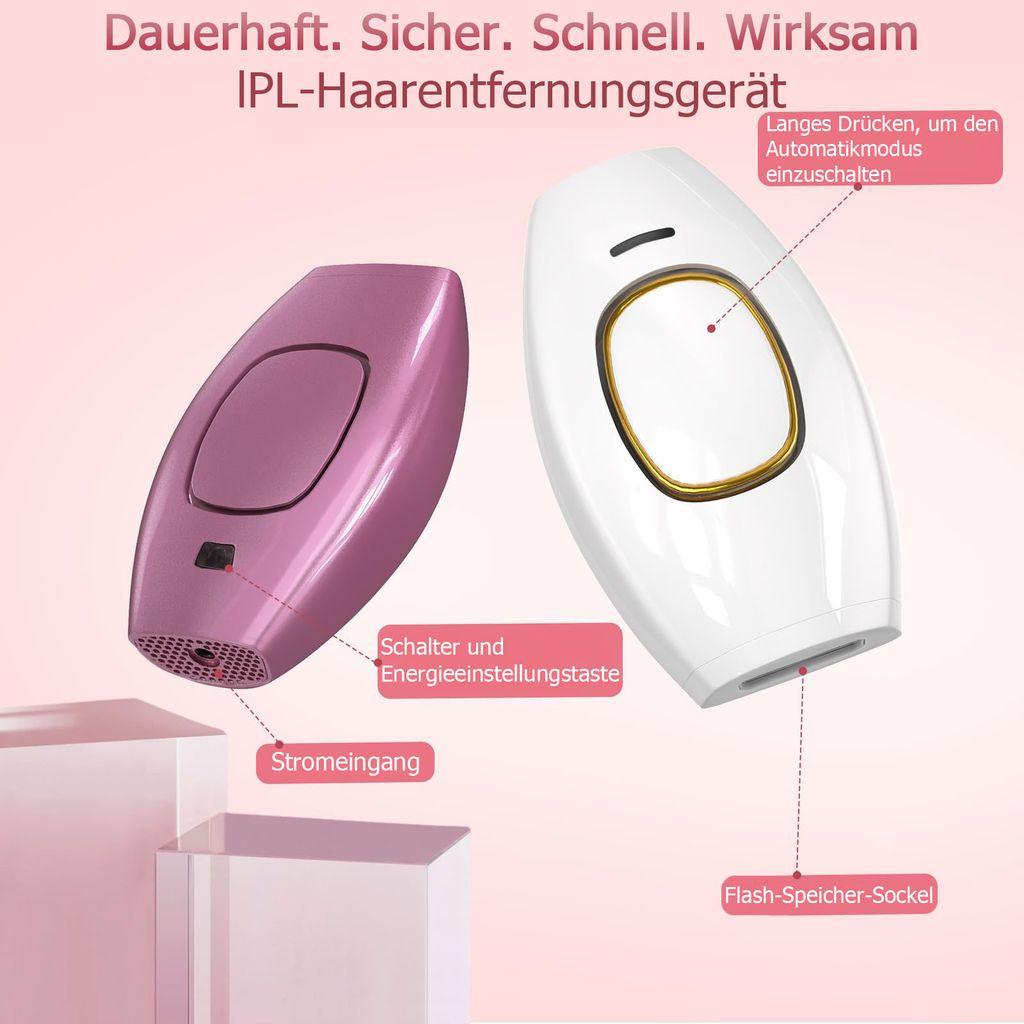 Zwei IPL-Haarentfernungsgeräte, eins in Lila, eins in Weiß, mit Beschriftungen.