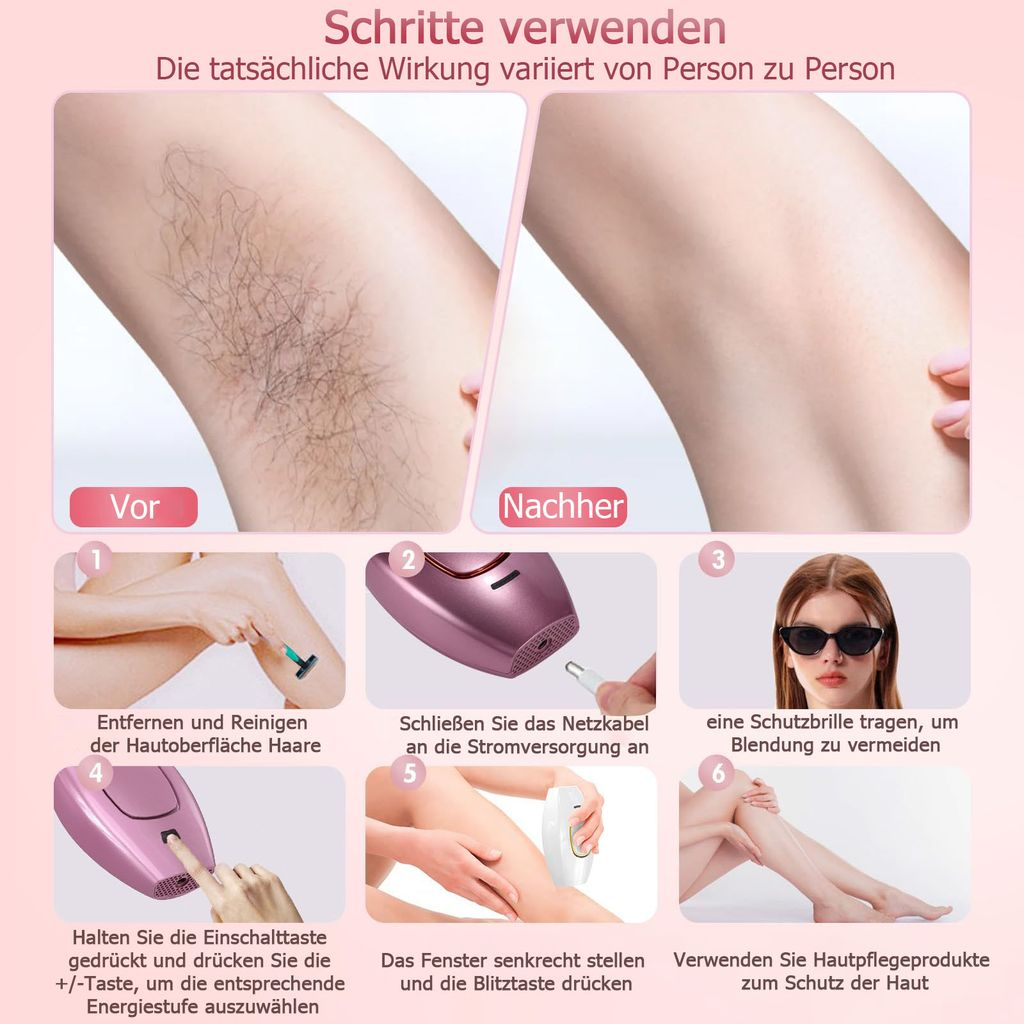 Schritte zur Haarentfernung: Vorher, Nachher, Rasieren, Anschließen, Brille tragen, Lotion.