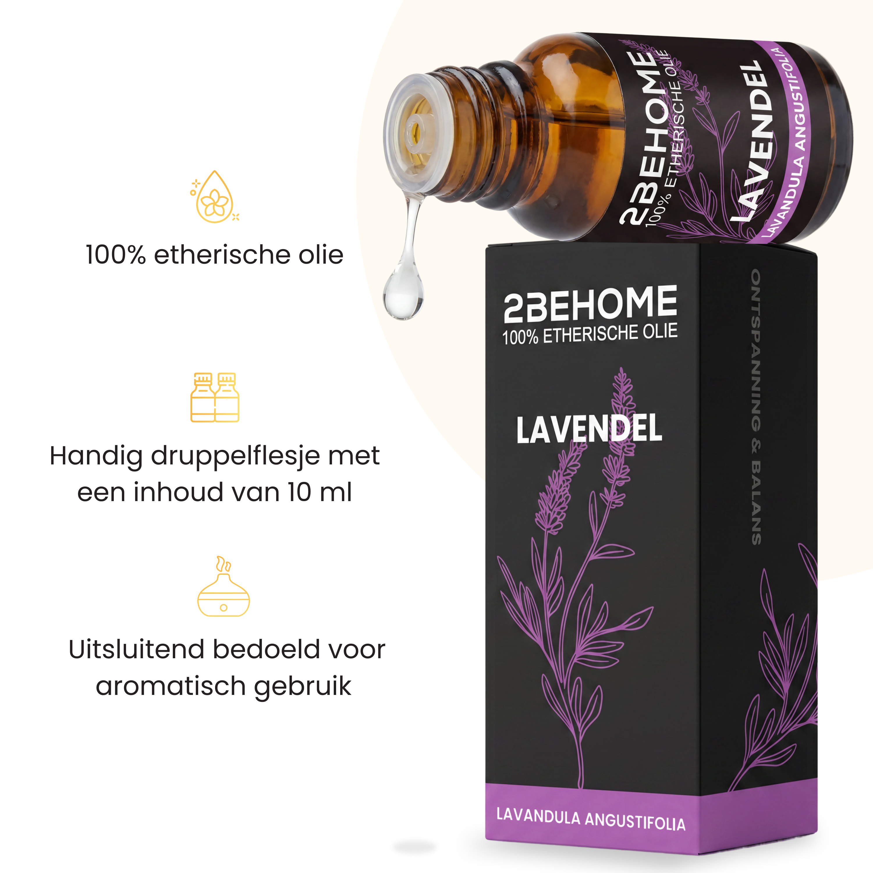 Eine bernsteinfarbene Flasche Lavendelöl tropft. Daneben sind Icons und Text.