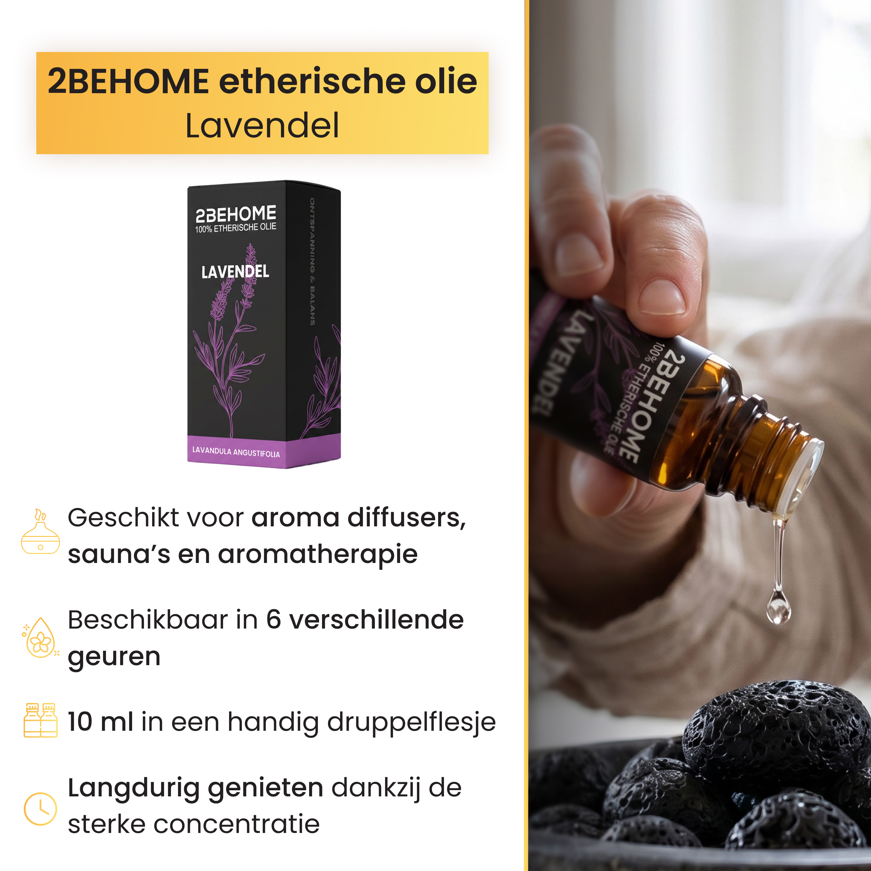 Eine Hand tropft Lavendelöl aus einer kleinen braunen Flasche auf schwarze Lavasteine.