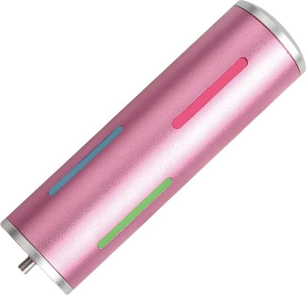 Ein rosafarbener Zylinder mit drei farbigen Schlitzen: blau, pink und grün.