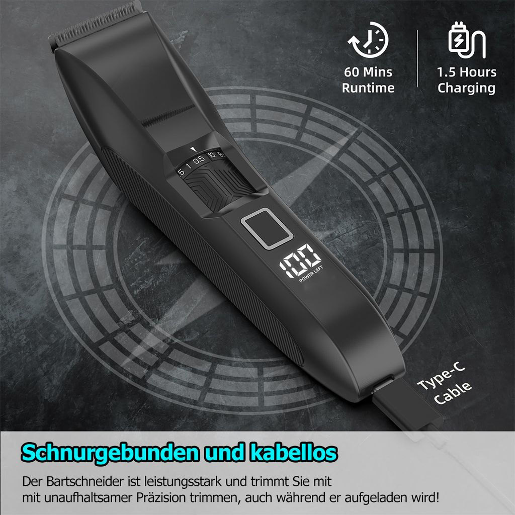 Schwarzer Haarschneider mit Ladeanzeige und Ladekabel, 60 Min Laufzeit.