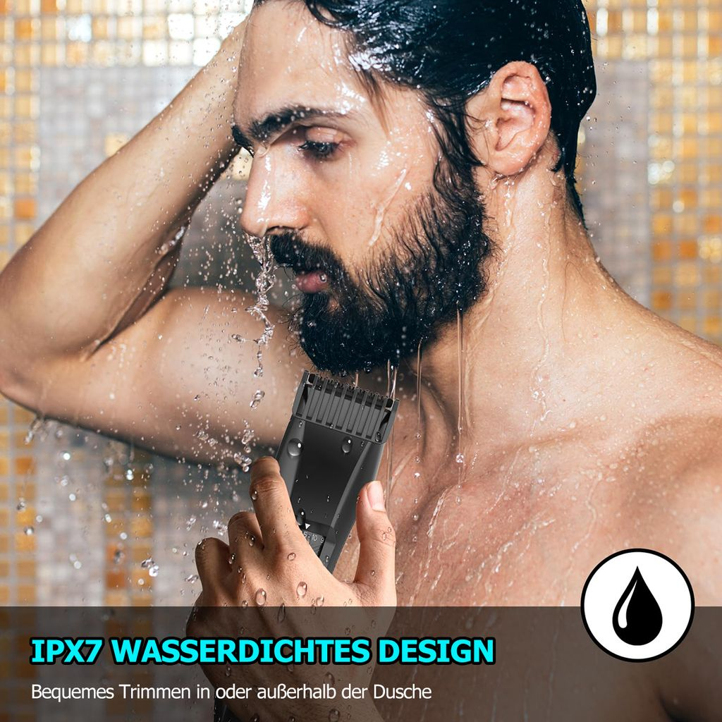 Mann rasiert sich mit wasserdichtem Trimmer unter der Dusche.