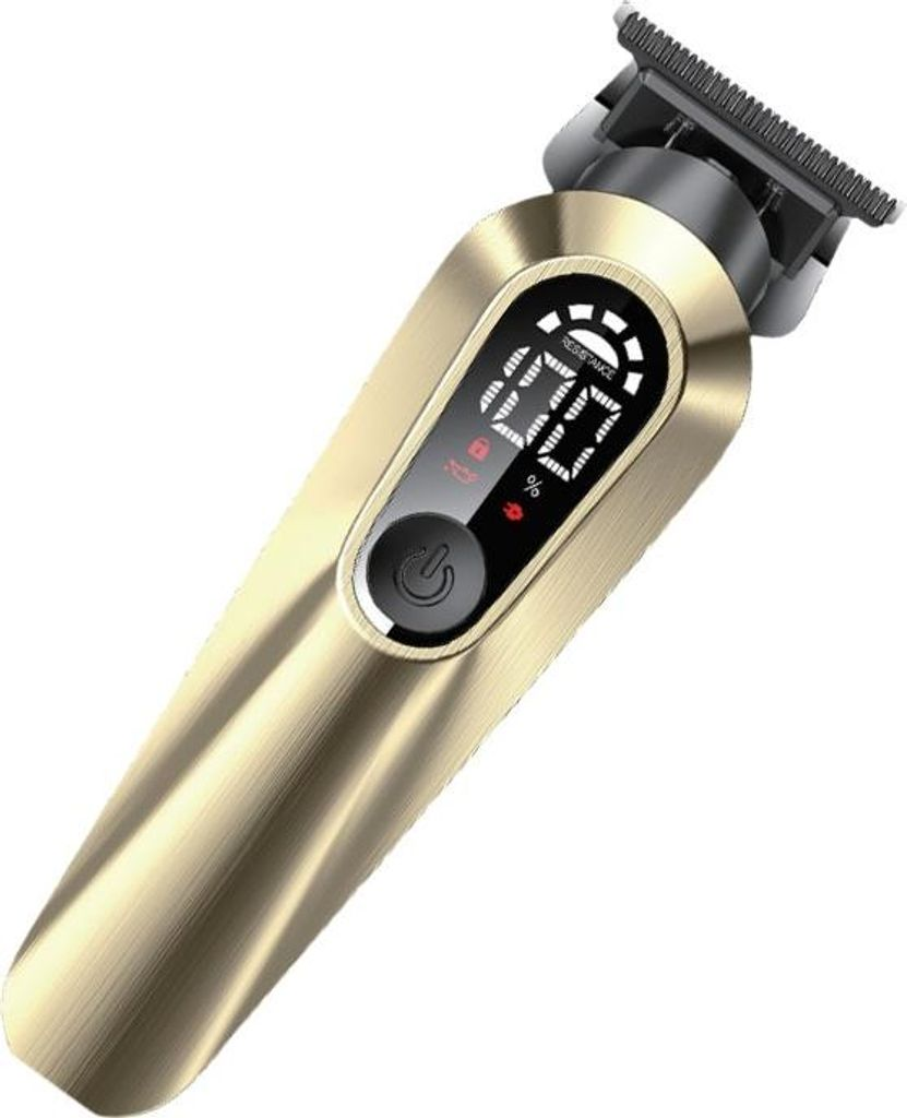 Goldener Haarschneider mit Digitalanzeige und Ein-/Aus-Taste.