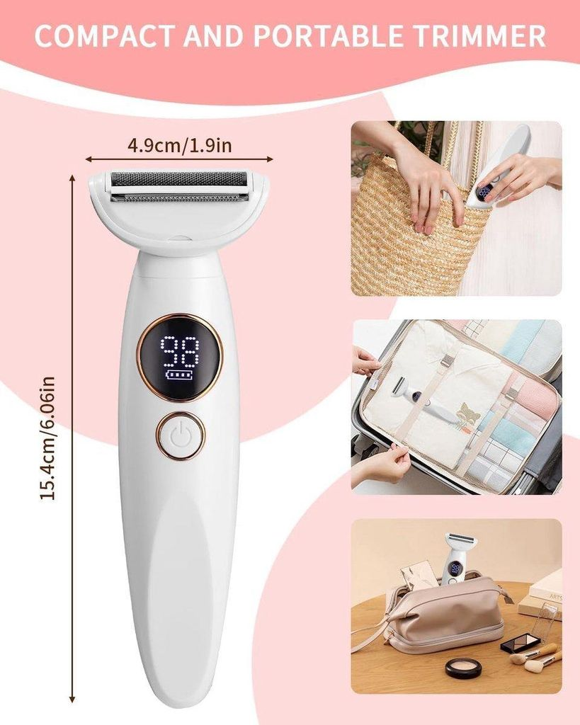 Ein weißer, kompakter Trimmer mit digitaler Anzeige und Ladeanzeige.