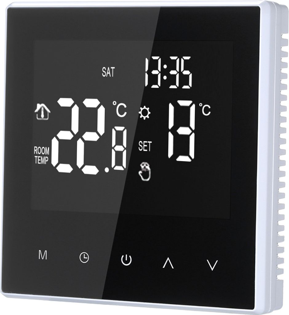 Digitaler Thermostat zeigt Raumtemperatur 22,8°C und Sollwert 18°C an.