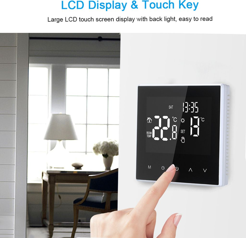 Ein Finger berührt ein modernes Thermostatdisplay, das 22,8°C anzeigt.