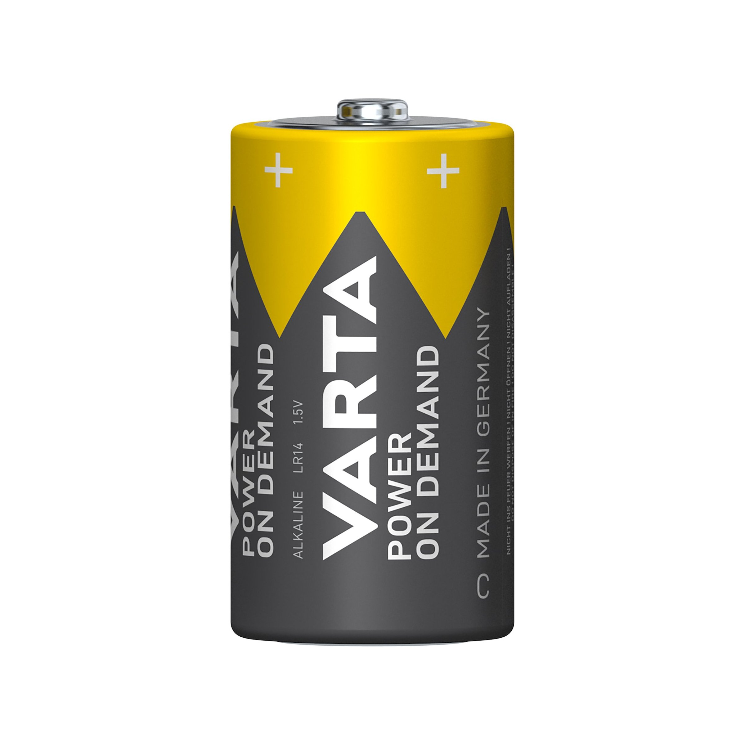 Eine graue Varta LR14 Batterie mit gelbem Oberteil und schwarzem Schriftzug.