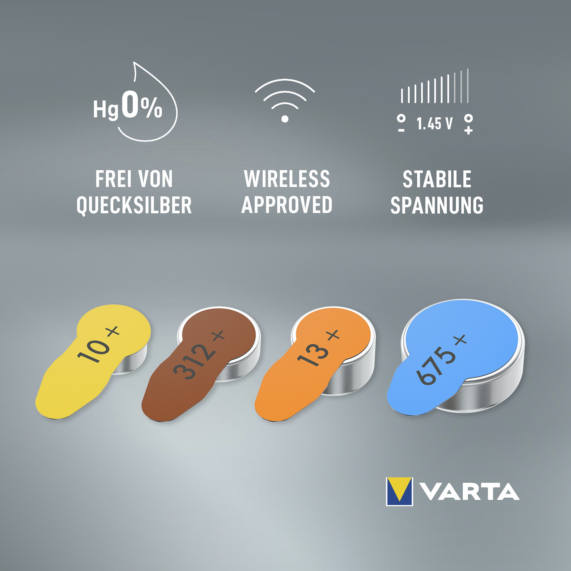 Vier Varta Batterien: 10+, 312+, 13+, 675+. Quecksilberfrei, kabellos, stabile Spannung.