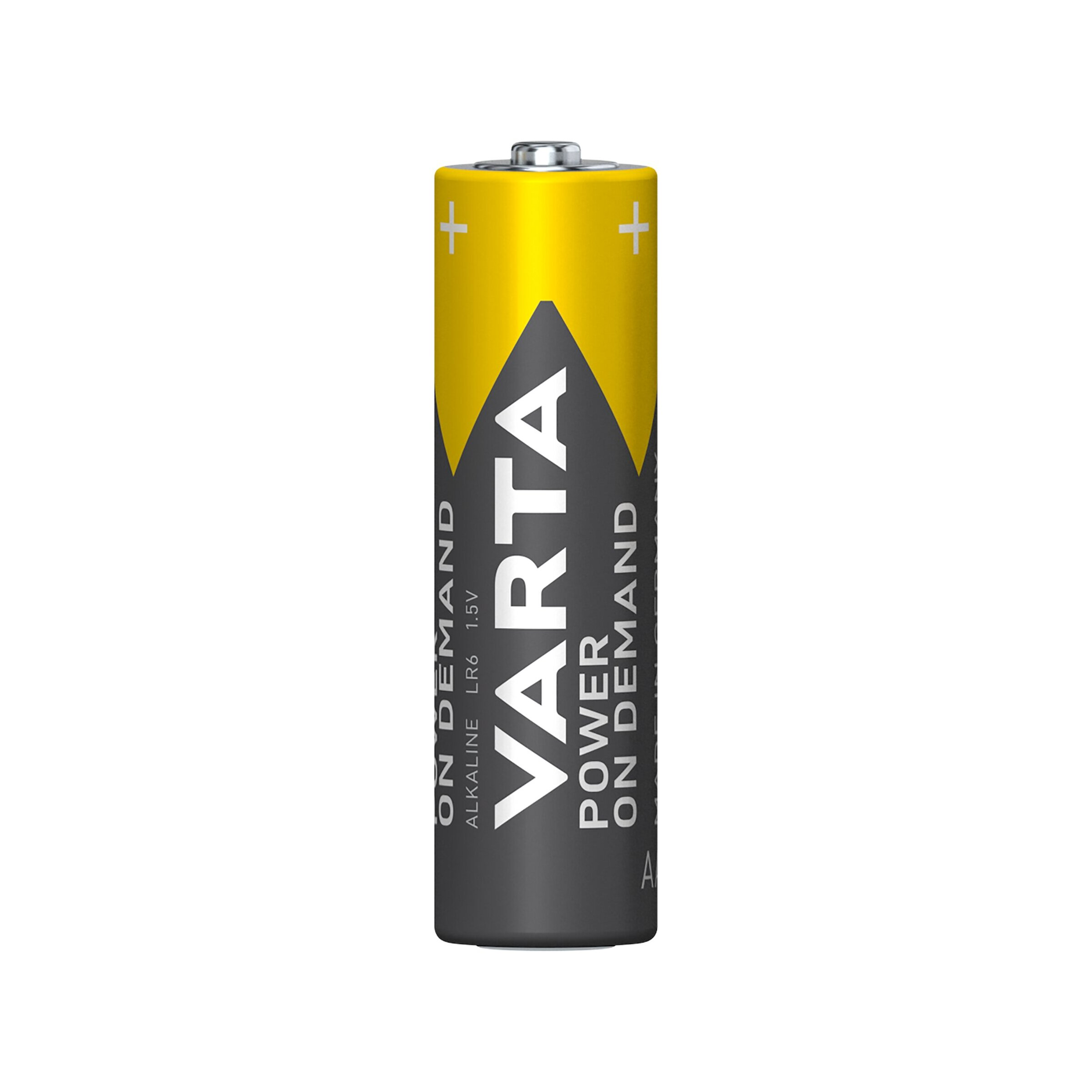 Eine einzelne Varta LR6 AA-Batterie mit gelbem und grauem Design.
