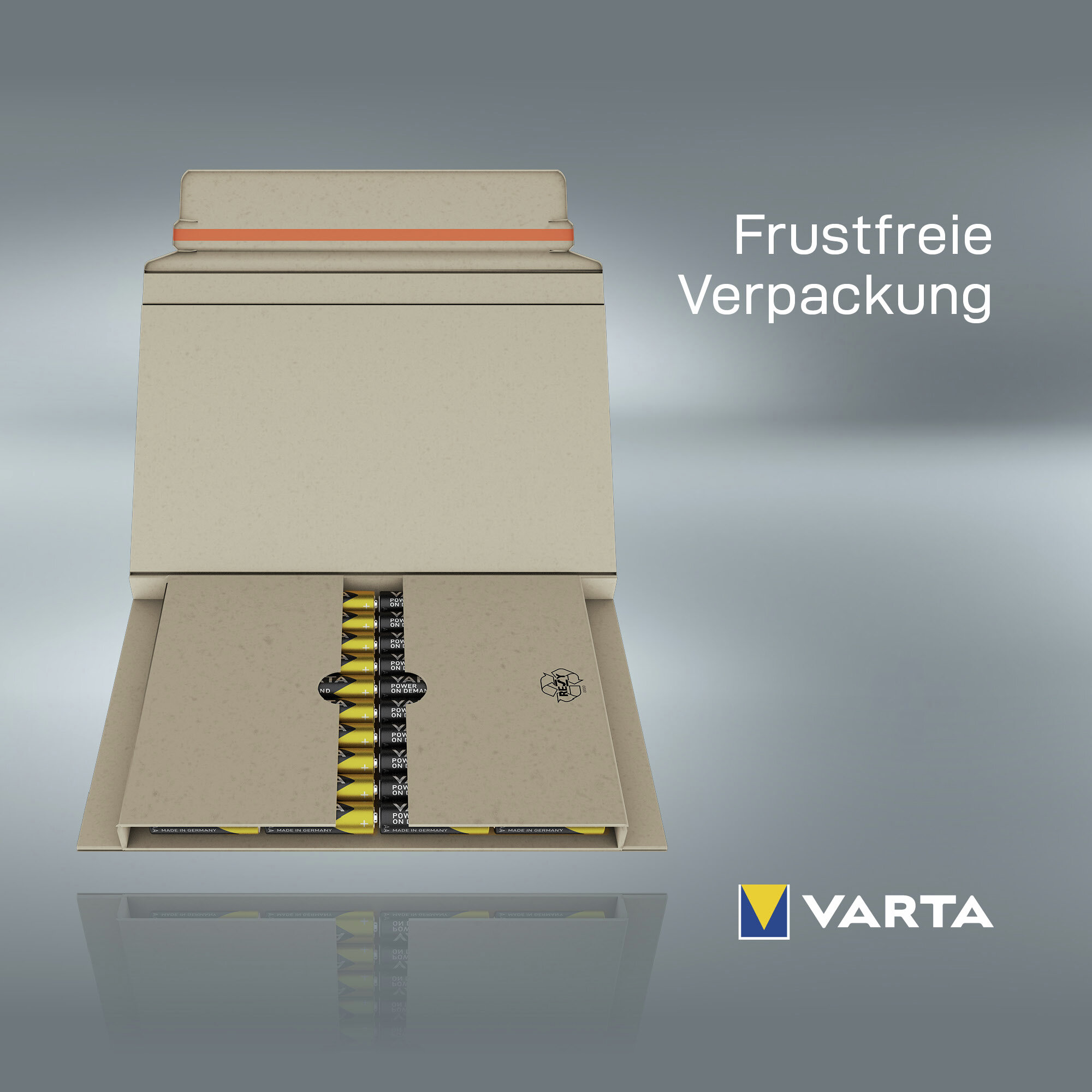 Varta Batterien in umweltfreundlicher Verpackung mit Aufdruck 'Frustfreie Verpackung'.