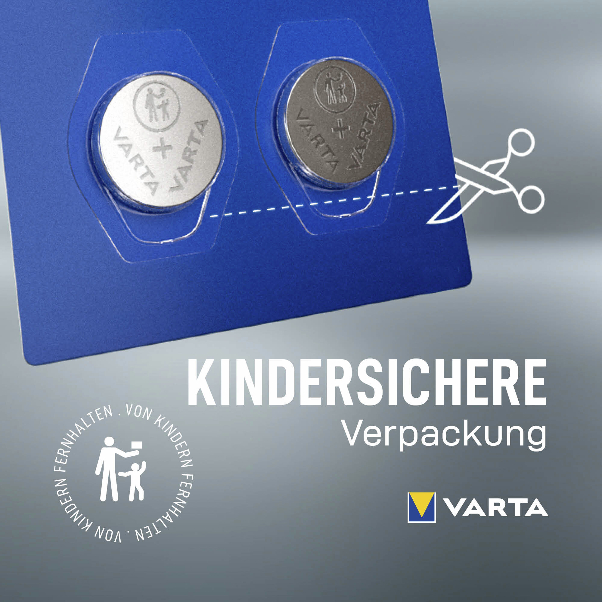 Zwei Varta Knopfzellen in kindergesicherter Verpackung mit Schere-Symbol.
