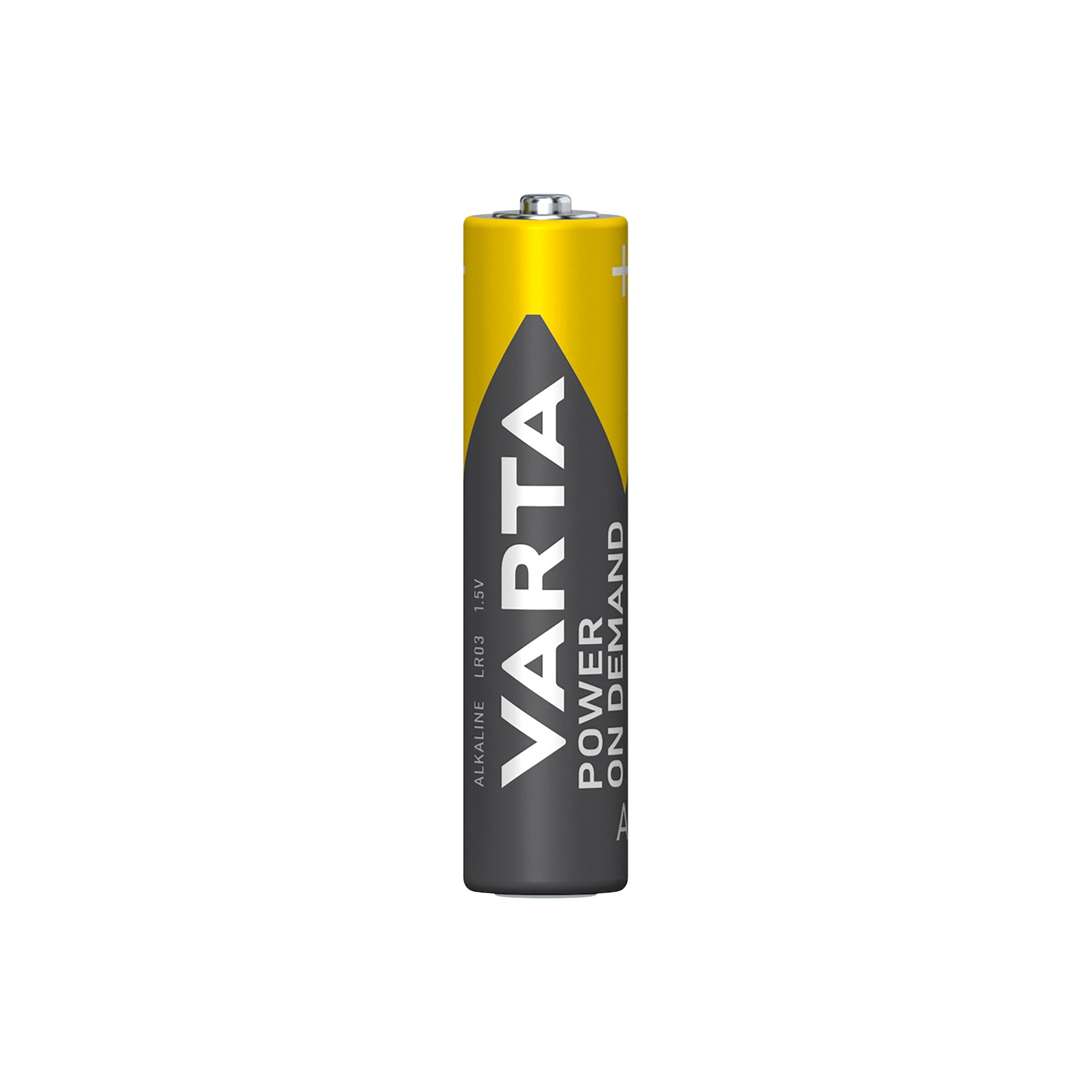 Eine Varta AAA Batterie mit gelbem Kopf und schwarzem Korpus.