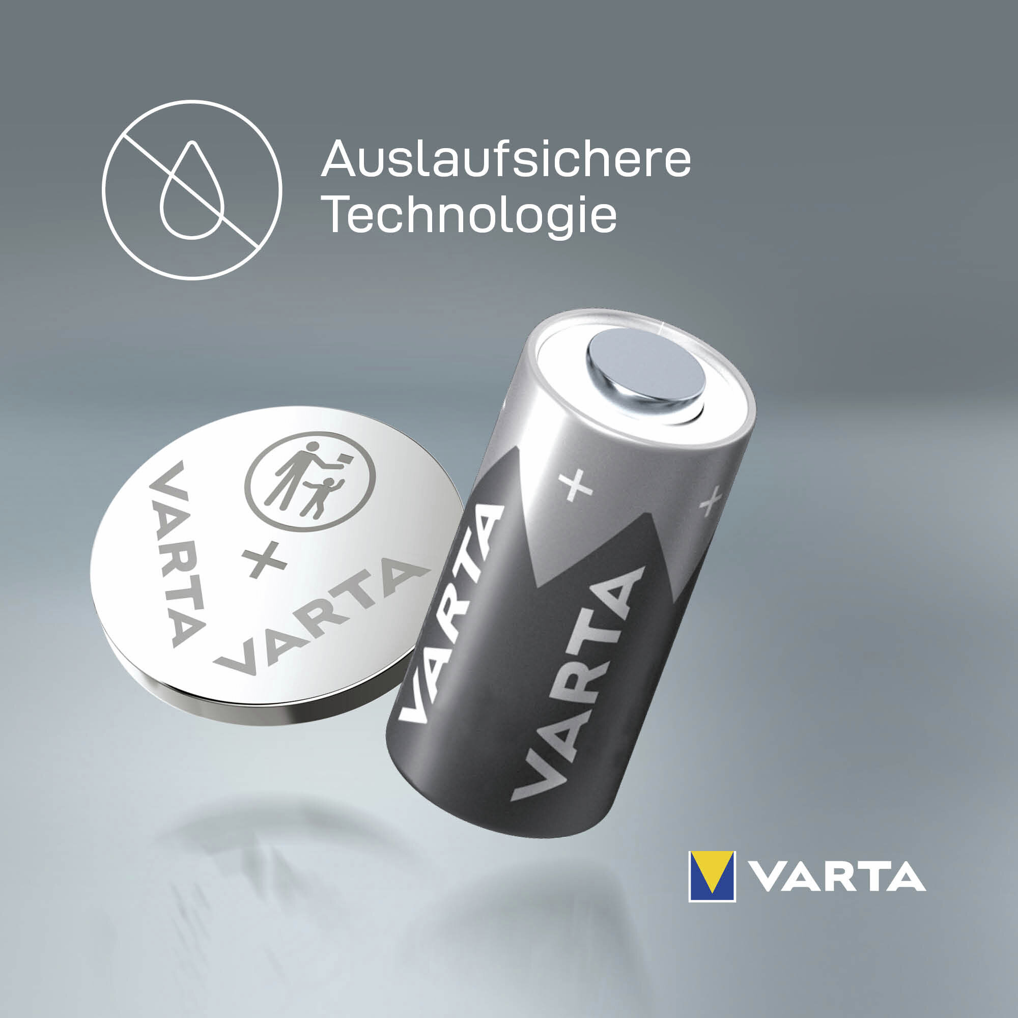 Varta Knopfzelle und AA-Batterie auf grauem Hintergrund. Auslaufsichere Technologie.