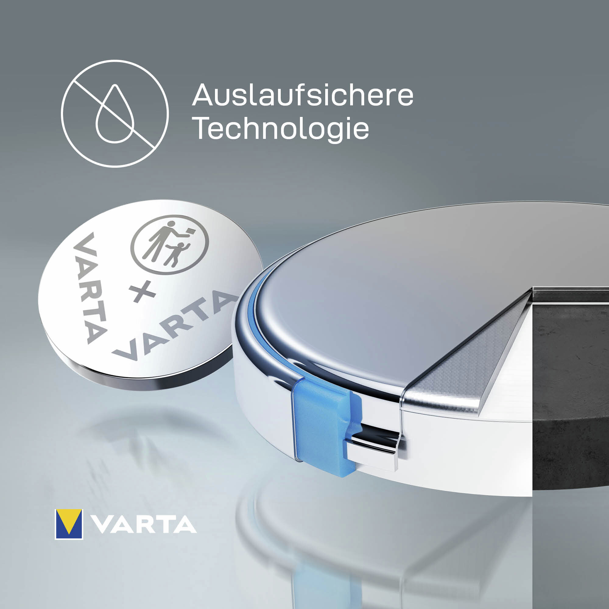 Varta Batterie mit Auslaufsicher-Technologie. Symbol für Kindersicherheit.