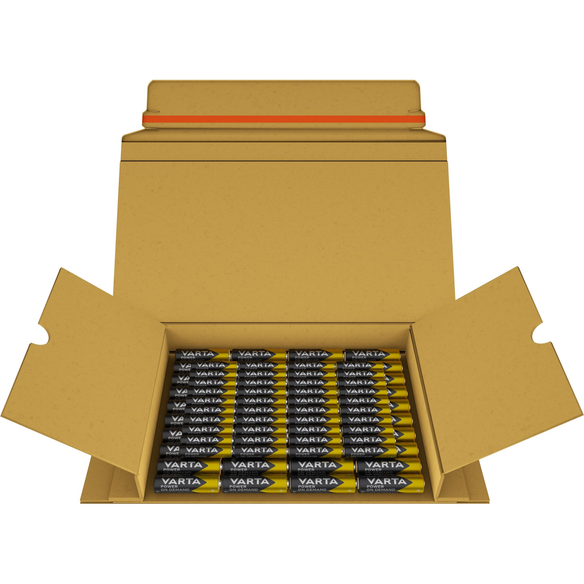 Ein offener Karton mit vielen gelben Varta-Batterien nebeneinander.