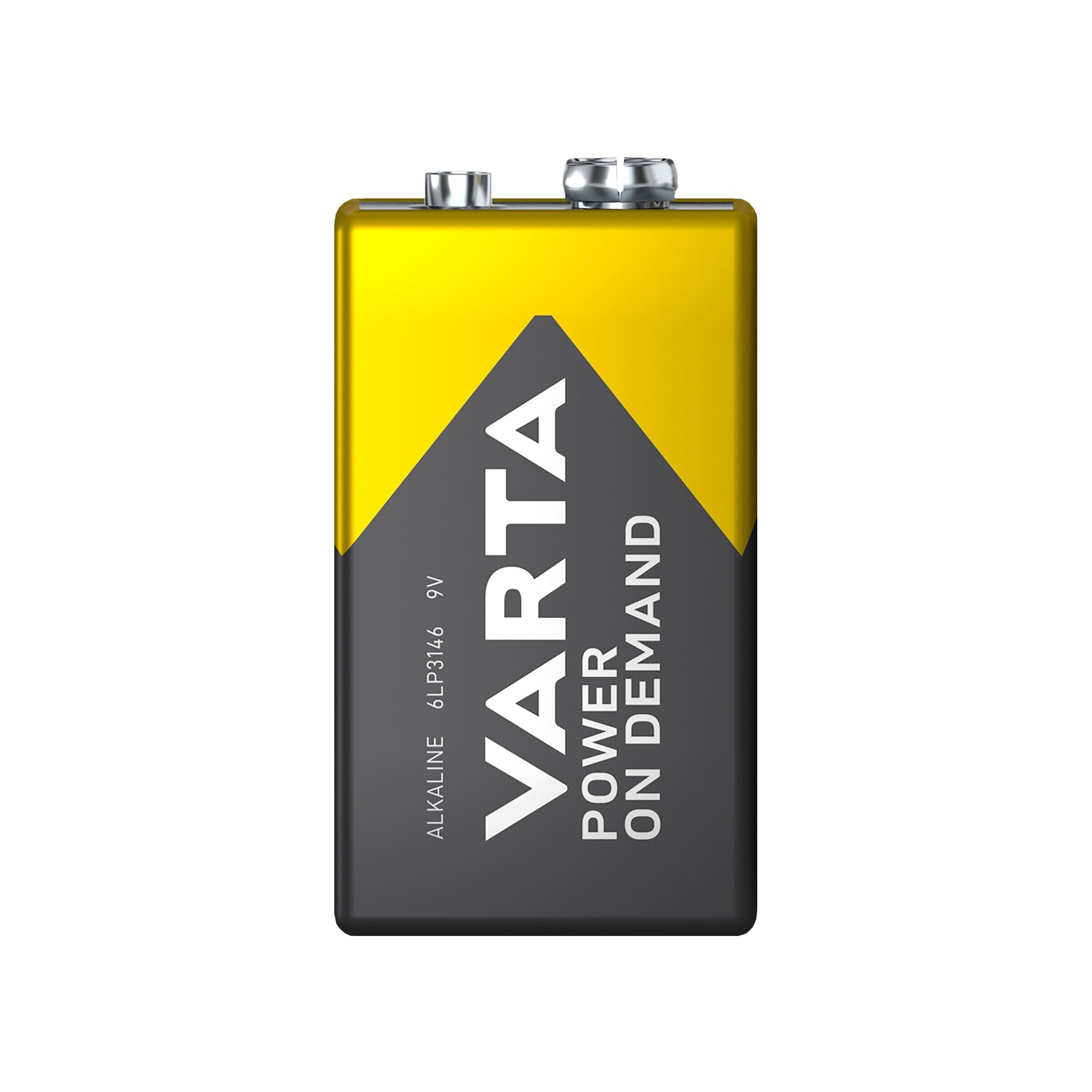 Eine gelbe und graue Varta 9V Alkaline-Batterie mit silbernen Anschlüssen.
