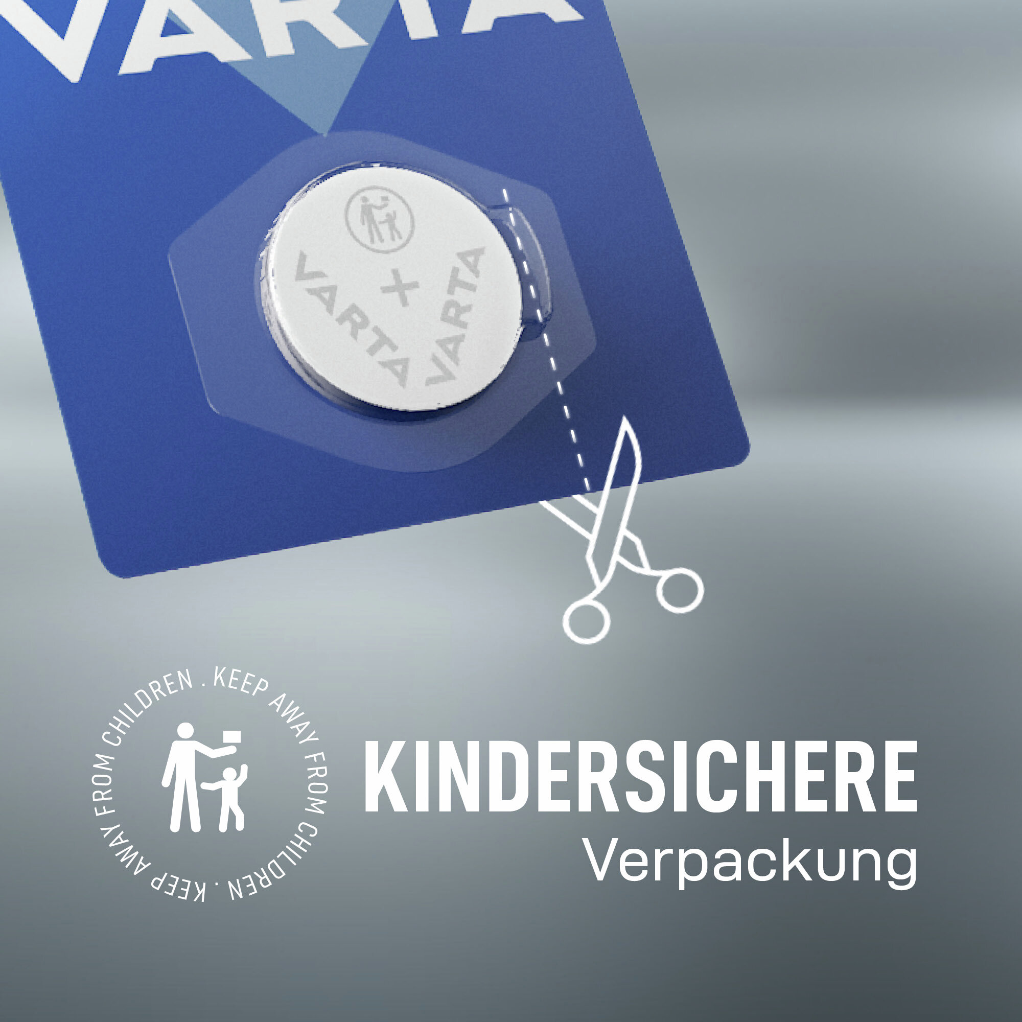 Varta Knopfzelle in kindersicherer Blisterverpackung mit Schere-Symbol.
