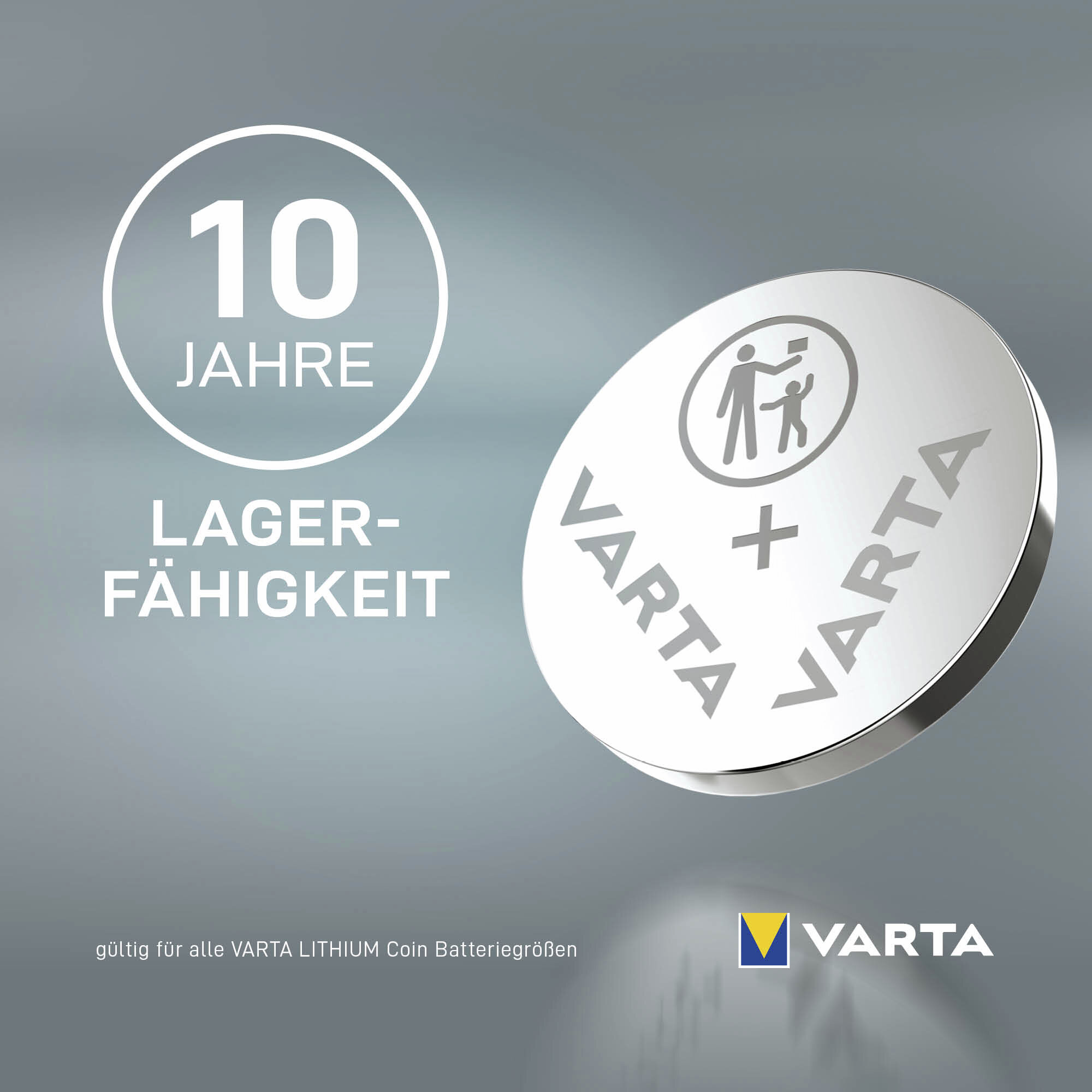 Varta Batterie mit 10 Jahren Lagerfähigkeit und Familien-Symbol.