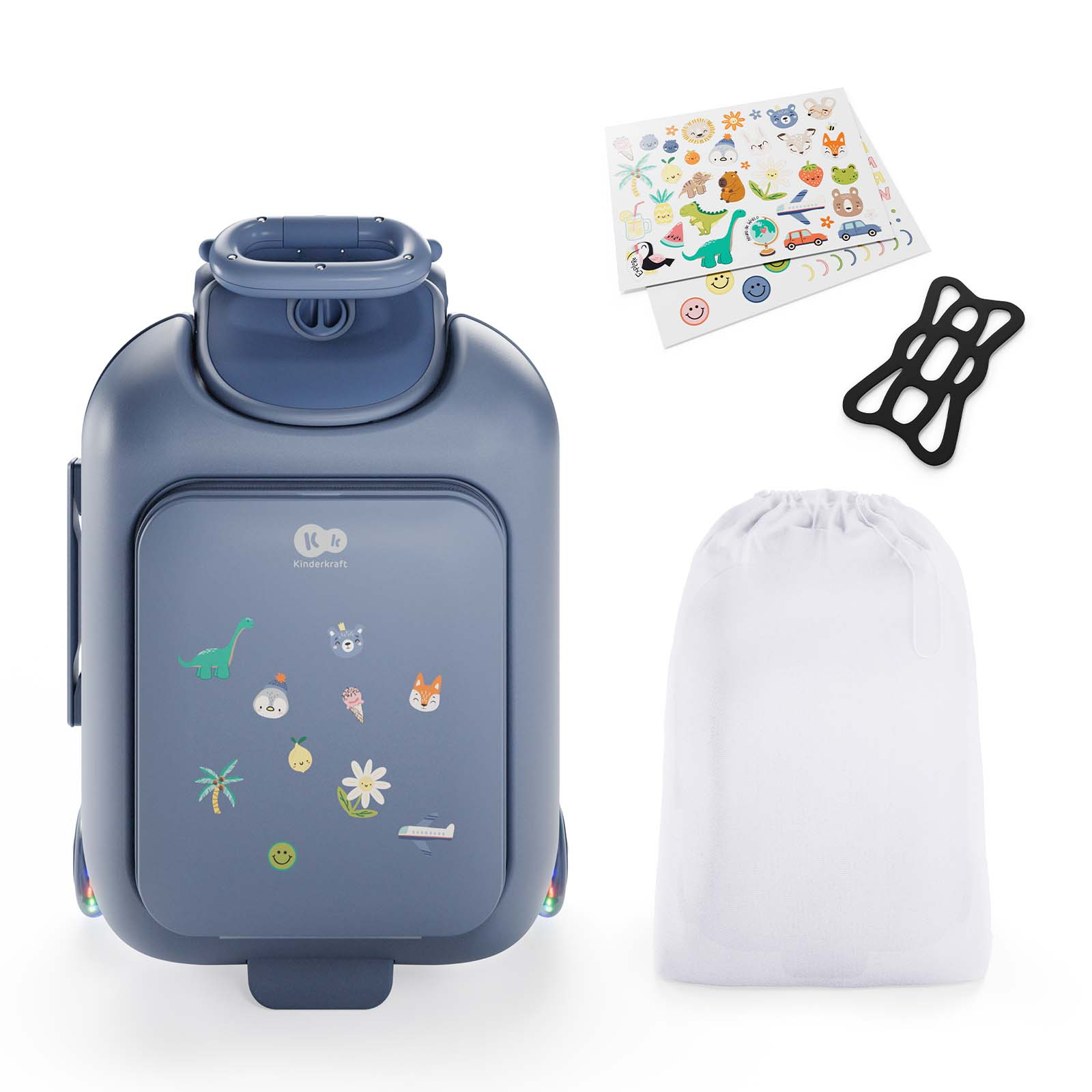Ein blauer Kinderkoffer mit Aufklebern, Aufklebebogen, schwarzem Halter und weißem Beutel.
