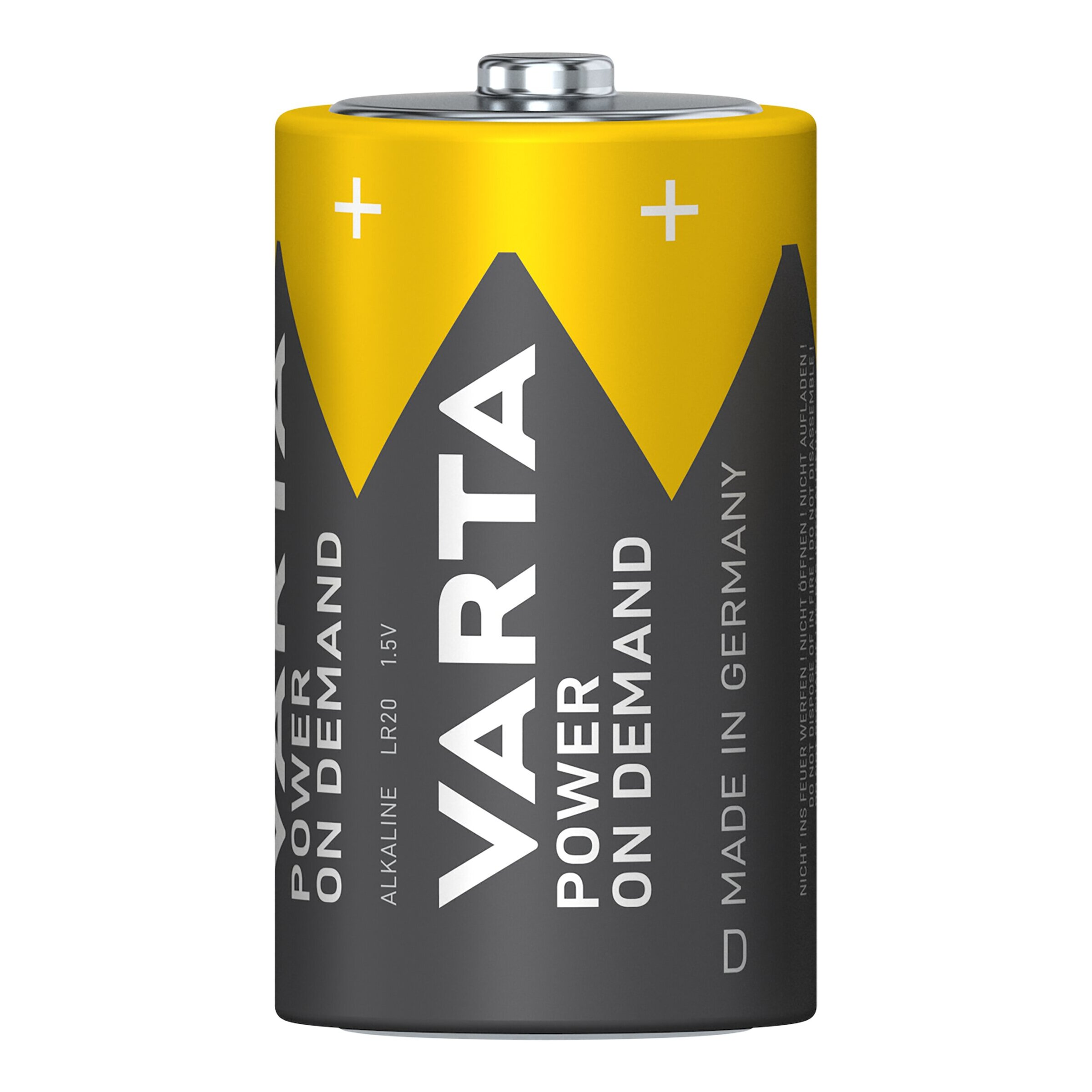 Eine Varta LR20 1,5V Alkaline-Batterie mit gelbem und grauem Design.