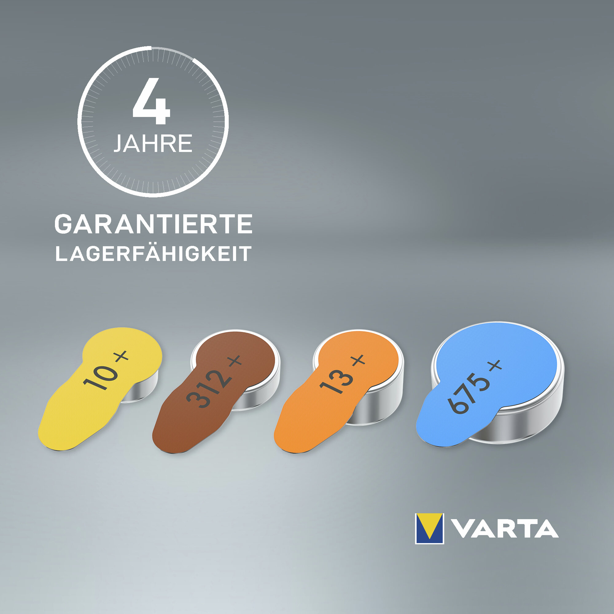Vier Batterien mit Zahlen 10, 312, 13 und 675, Varta Logo.
