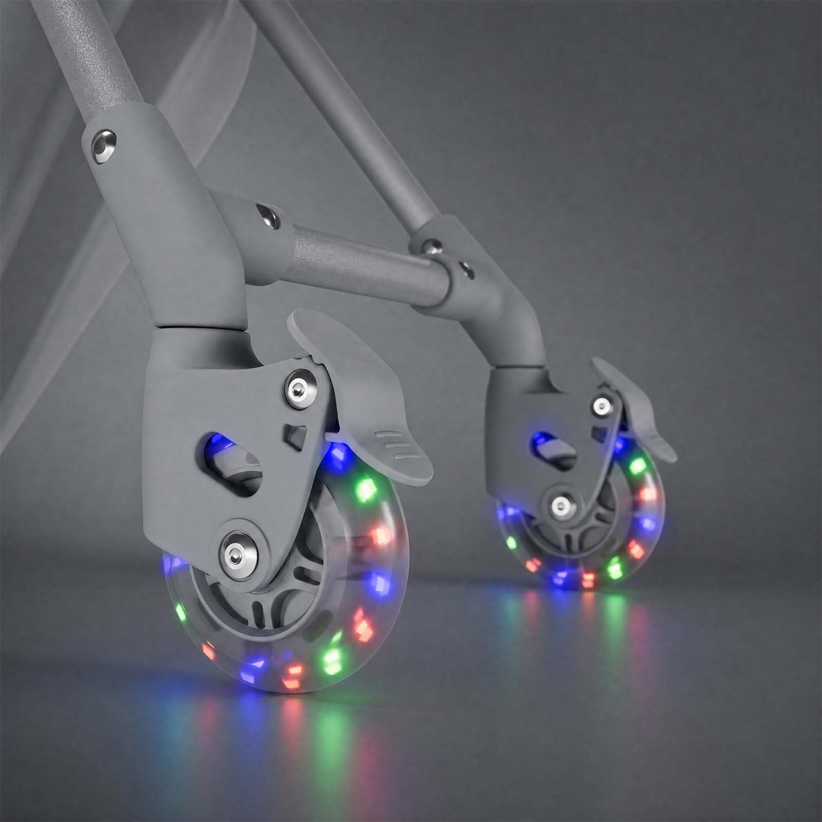 Graue Rollen mit bunten LEDs auf grauem Hintergrund.