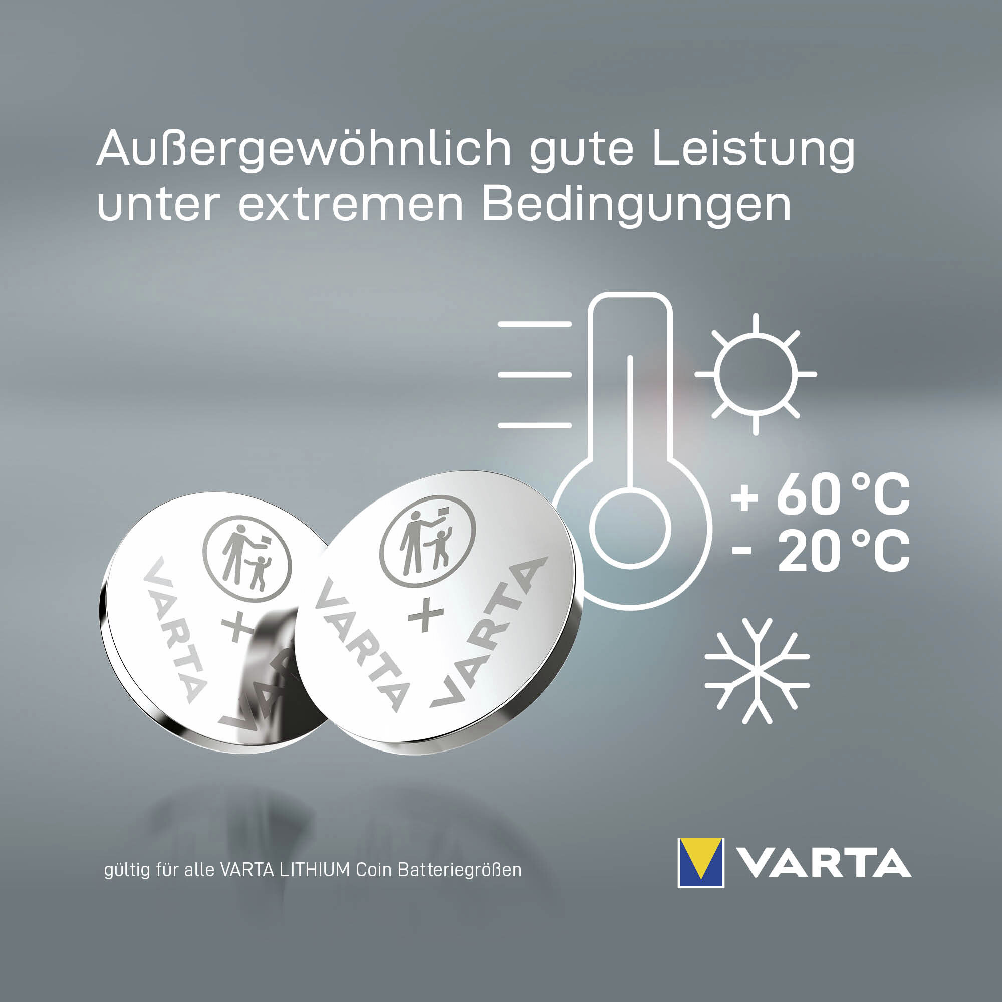 Varta Batterien mit Symbolen für Hitze, Kälte und Temperaturbereich.