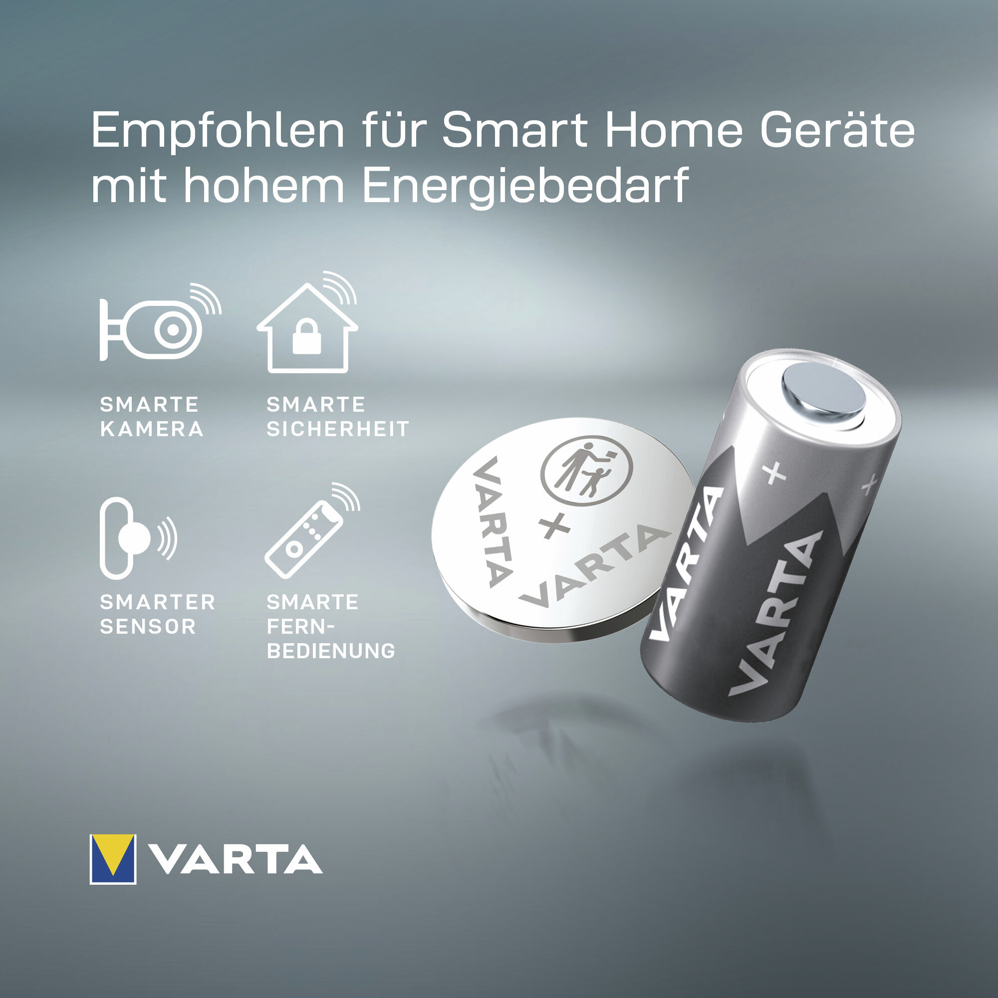 Varta AA Batterie und Knopfzelle für Smart Home Geräte mit hohem Energiebedarf.