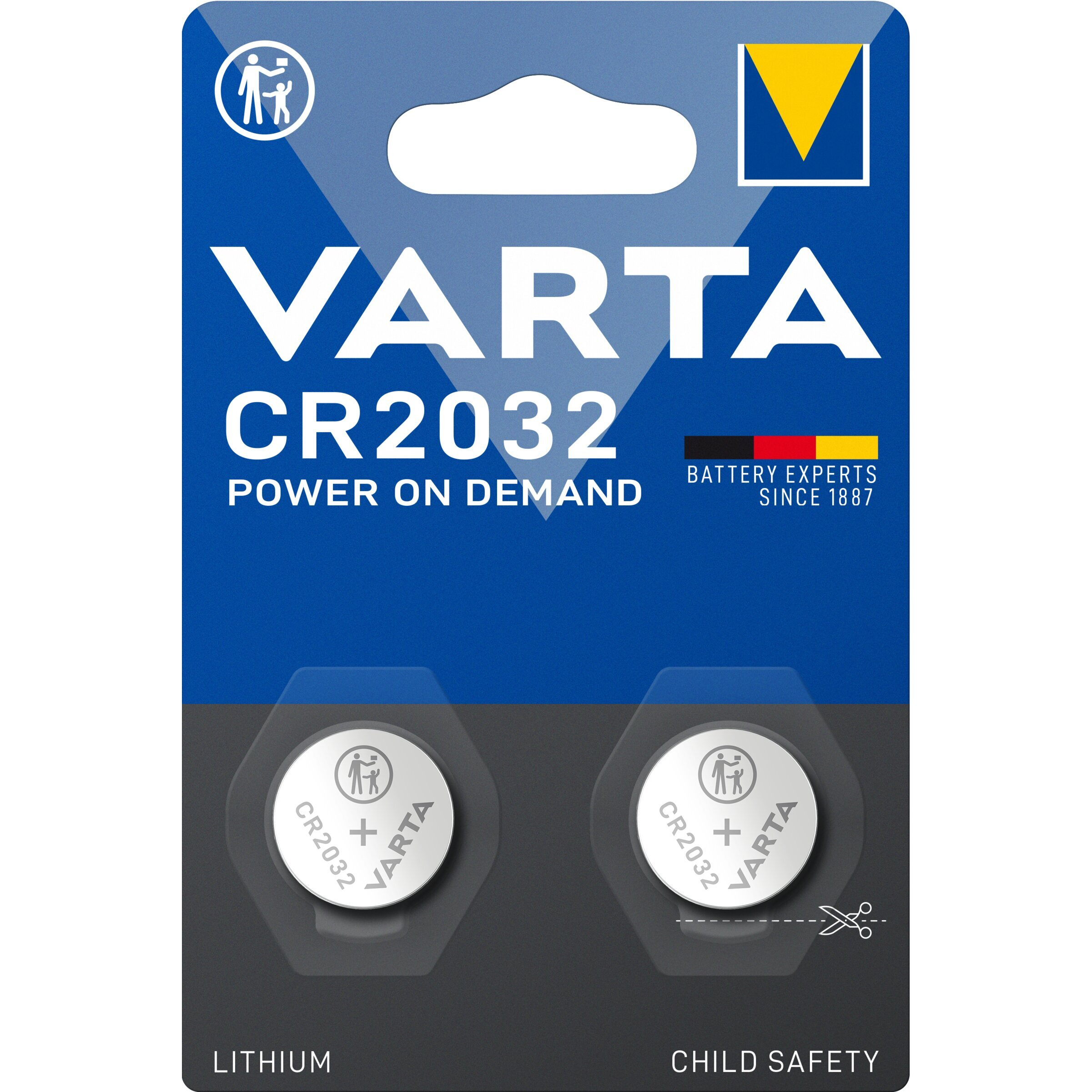 Varta CR2032 Lithium-Batterien, 2er-Packung, Kindersicherung.