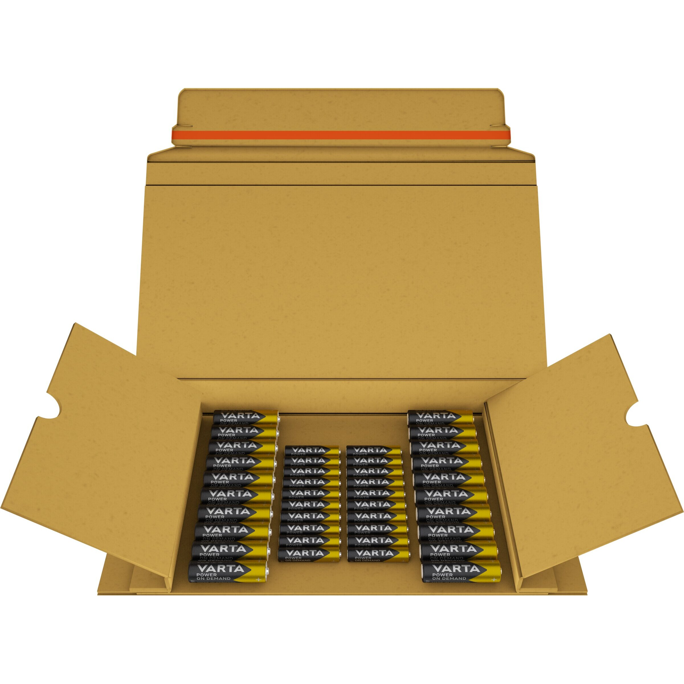Offener Karton mit vielen Varta AA-Batterien, gold und schwarz.